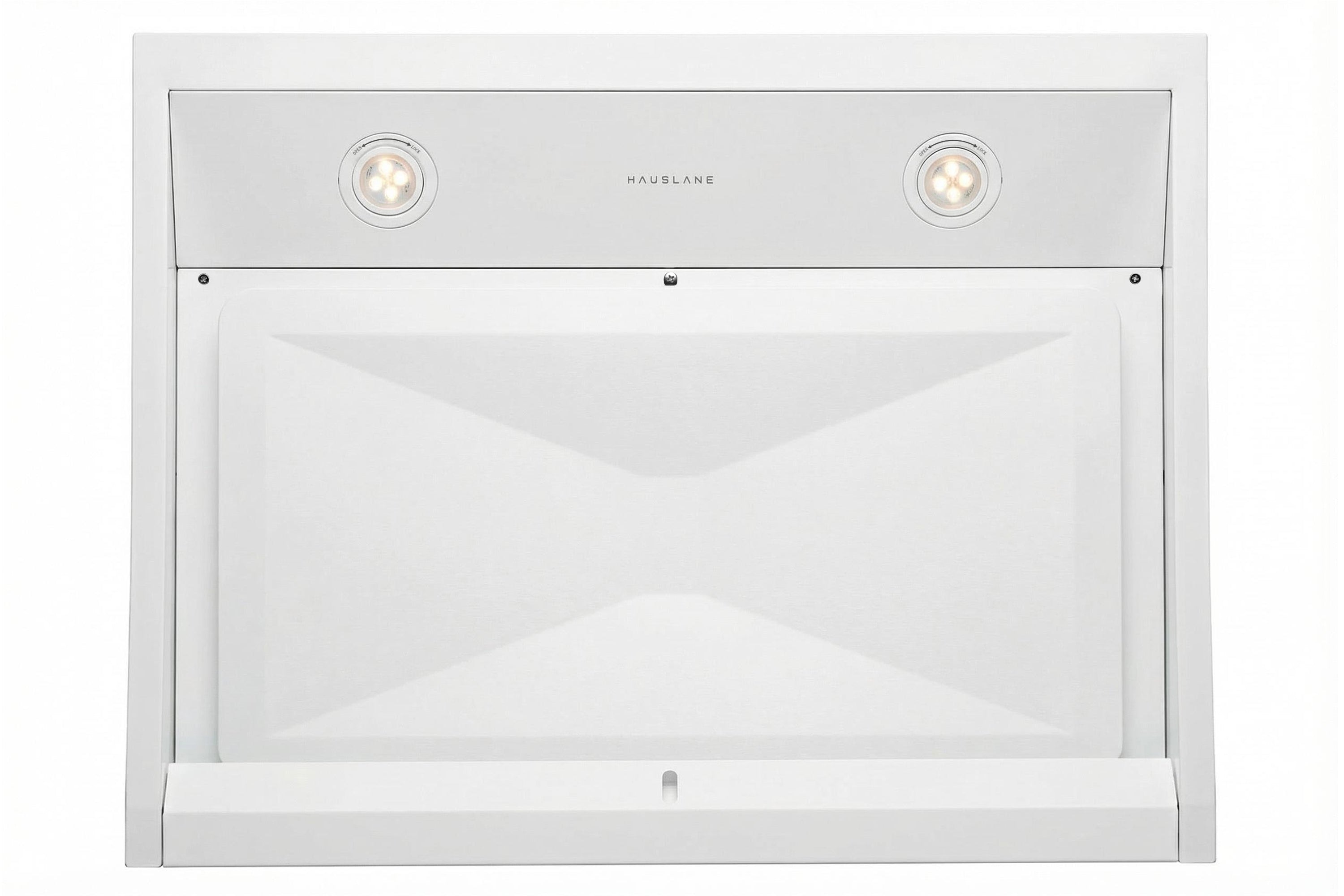 Stainless steel under-cabinet range hood with two round LED lights