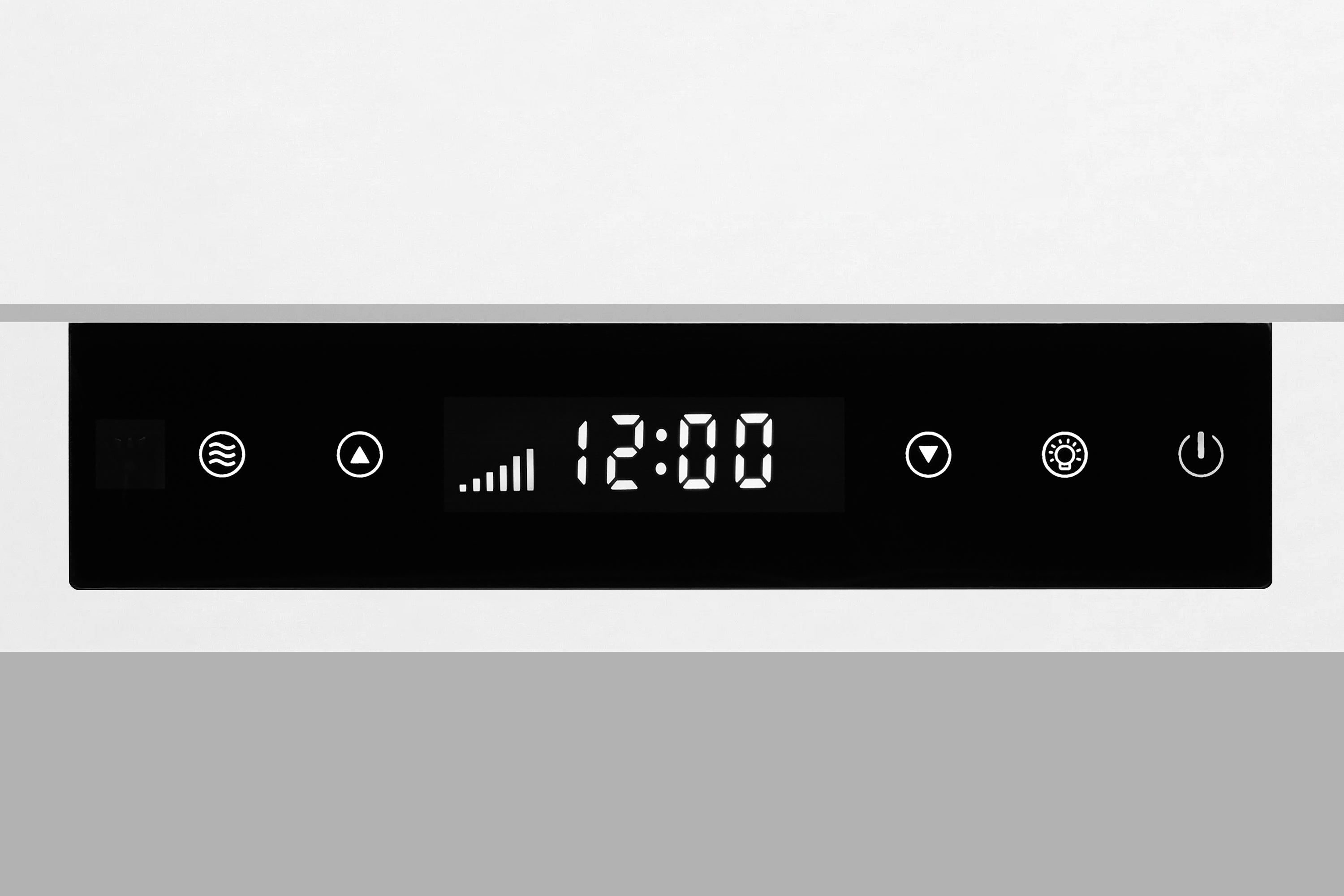 Range hood control panel with digital time display set into a light surface