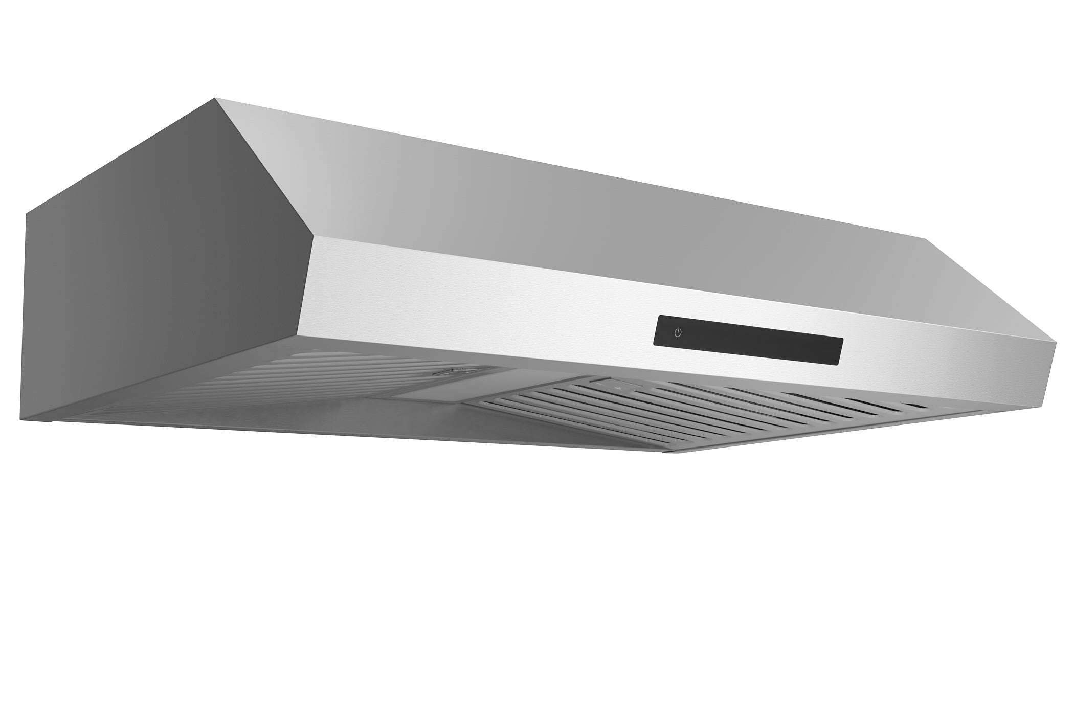 Stainless steel ducted range hood with front vent and recessed control window