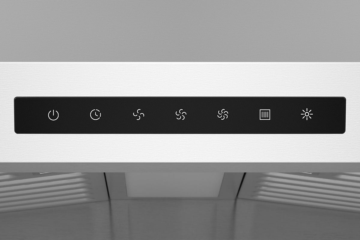 Stainless steel range hood control bar with icons and backlit buttons