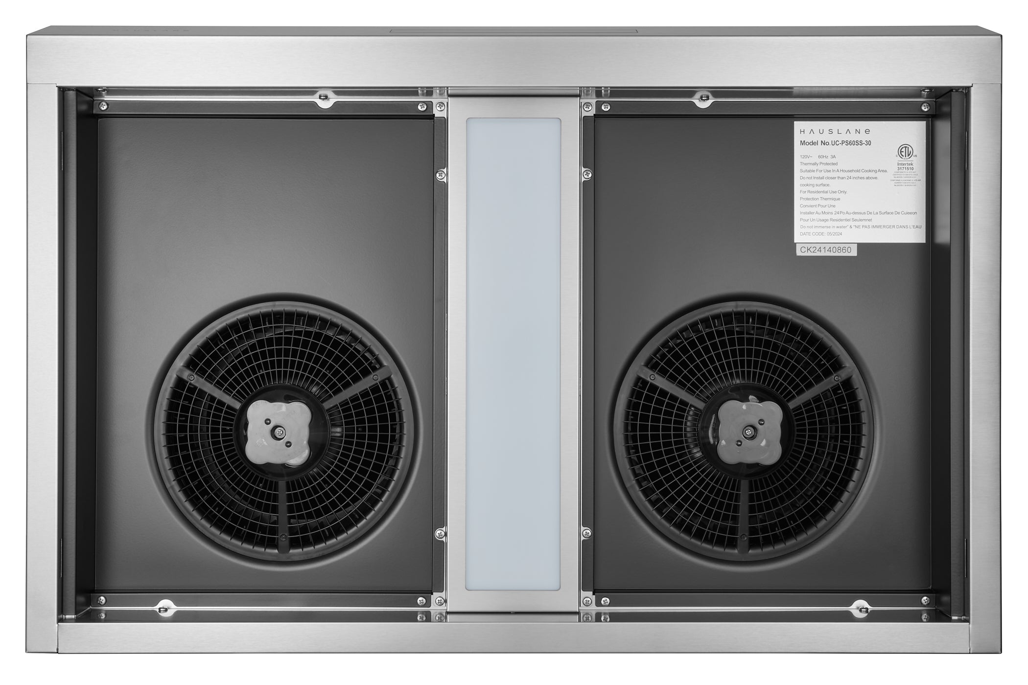 Stainless steel range hood interior with two circular fan housings