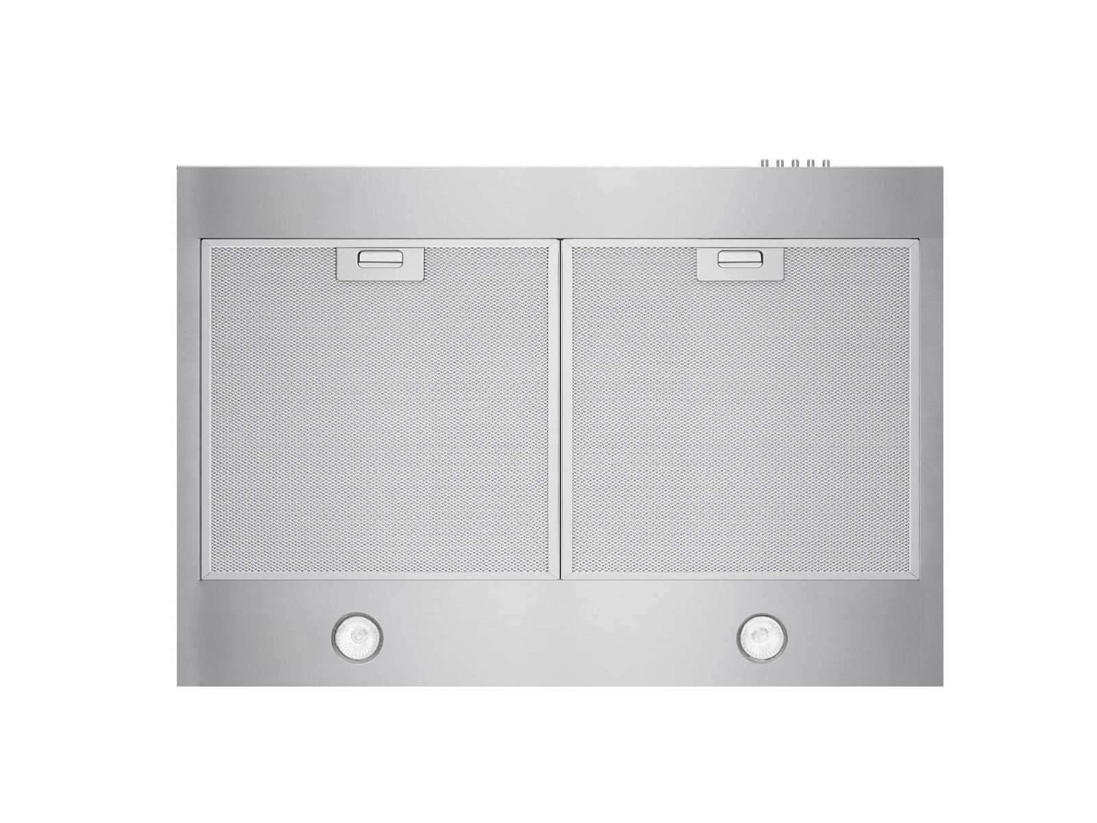 Under-cabinet range hood with two mesh filters and two round control knobs, silver