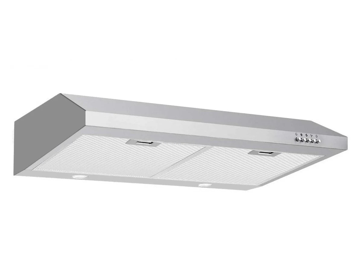 Under-cabinet range hood with stainless chimney, mesh filters, and push control area