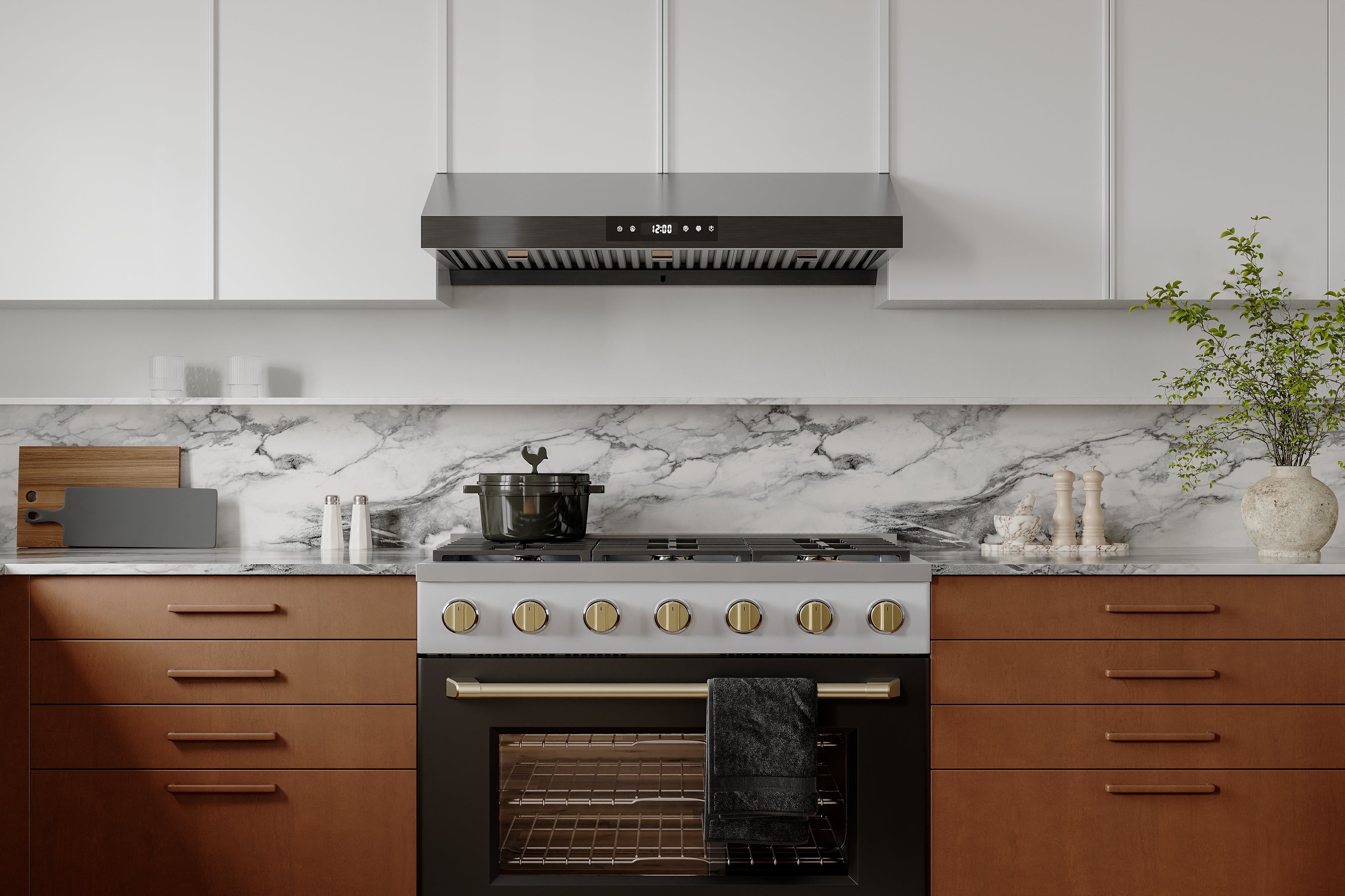 Under-cabinet range hood in black stainless with vented filter panel