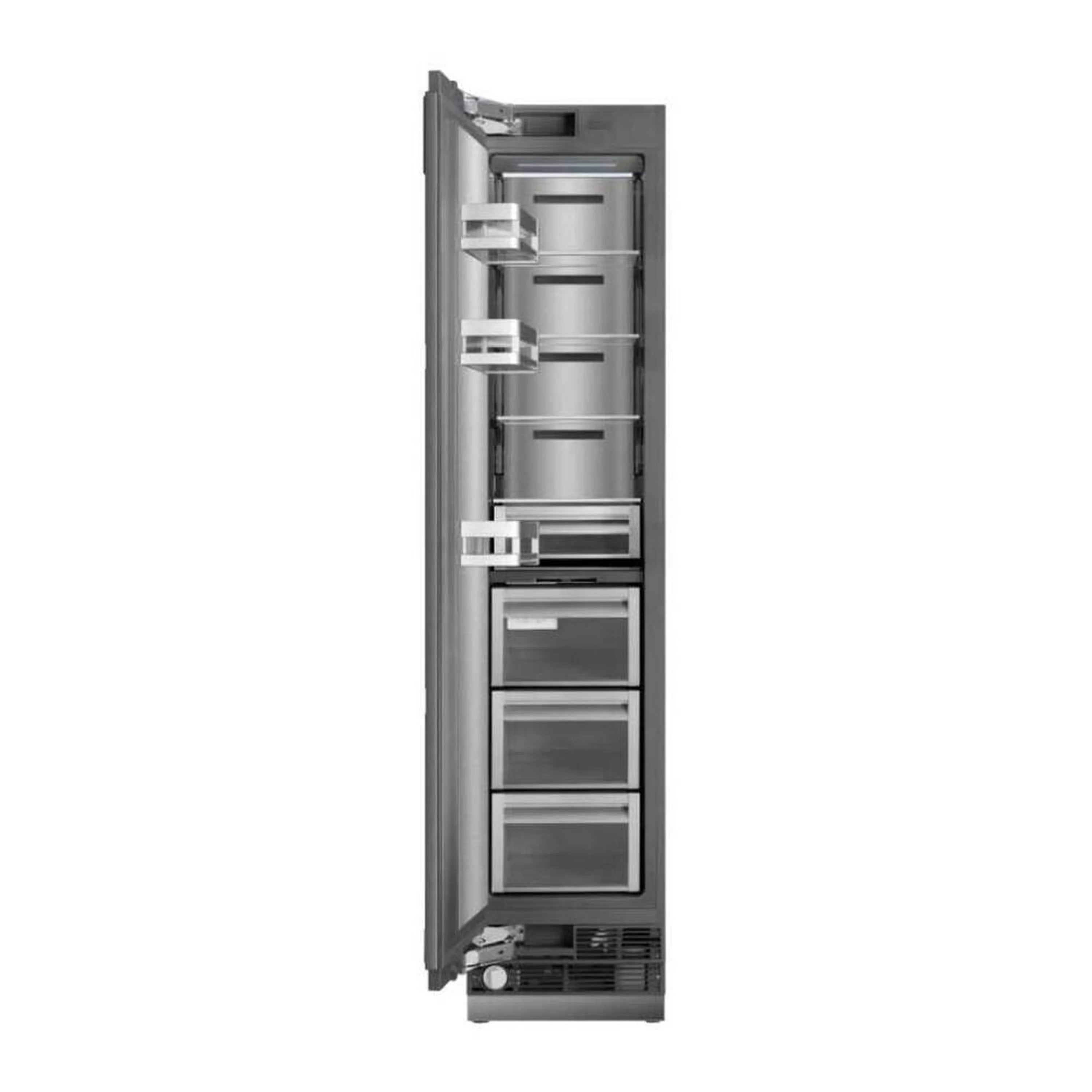 Stainless steel panel-ready freezer column with pull-out shelves and drawers, open door