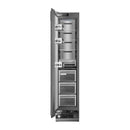 Stainless steel panel-ready freezer column with pull-out shelves and drawers, open door