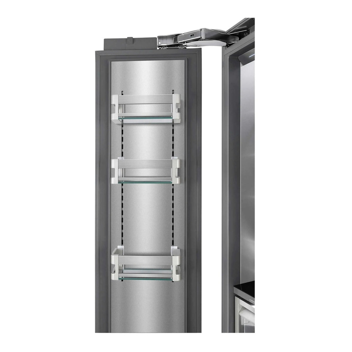 Stainless steel panel-ready freezer column interior with stacked shelves and drawers
