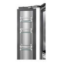Stainless steel panel-ready freezer column interior with stacked shelves and drawers