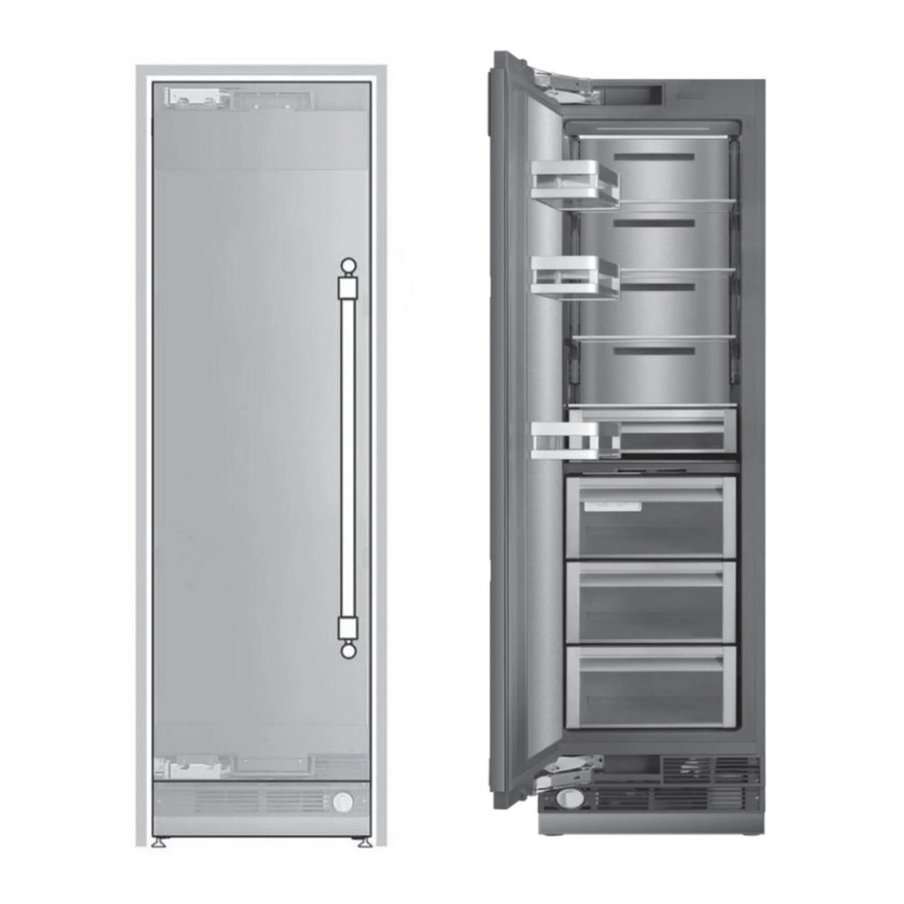 Panel-ready stainless freezer column with vertical handle, front view.