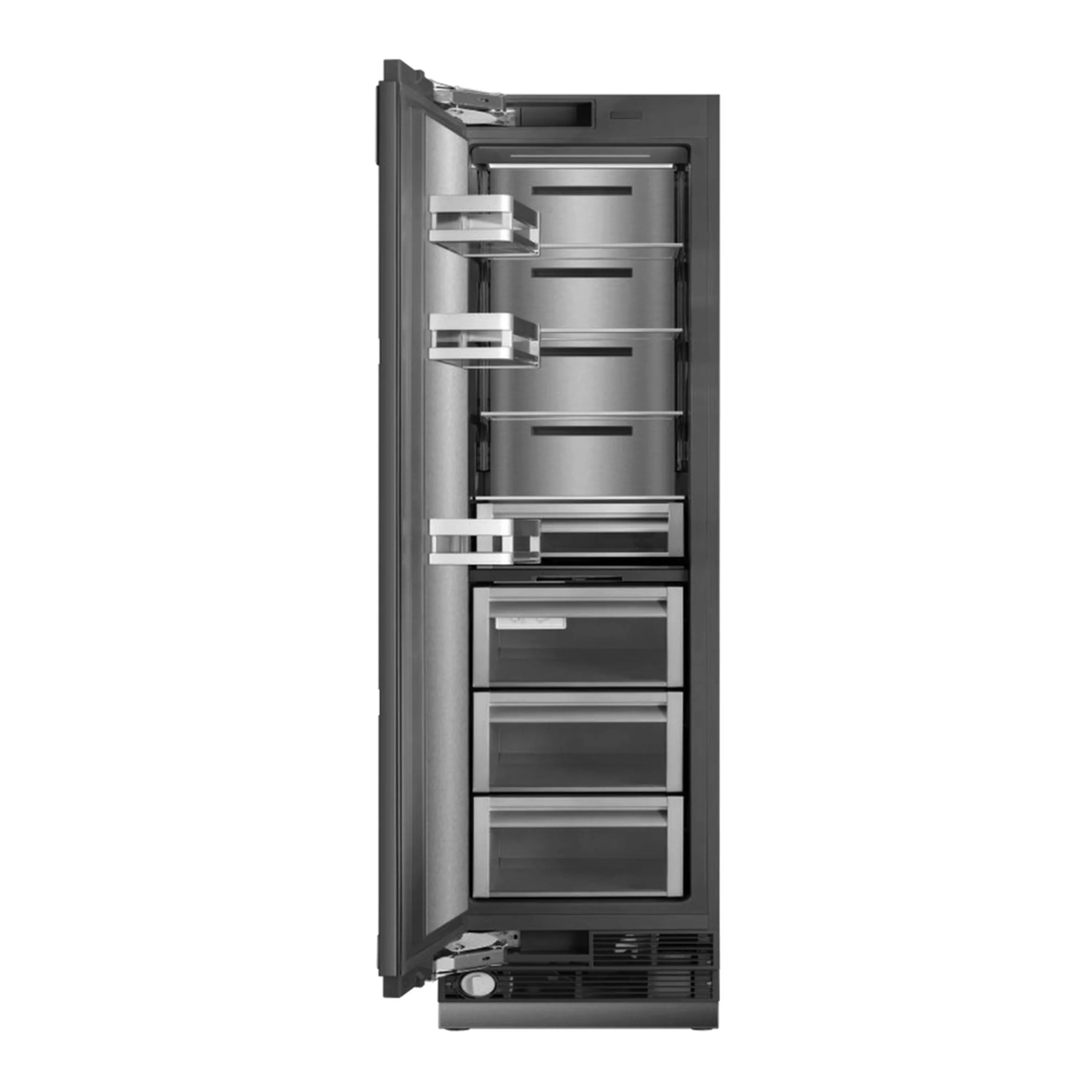 Open stainless freezer column with fixed shelves and drawers, interior view.