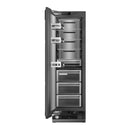 Open stainless freezer column with fixed shelves and drawers, interior view.
