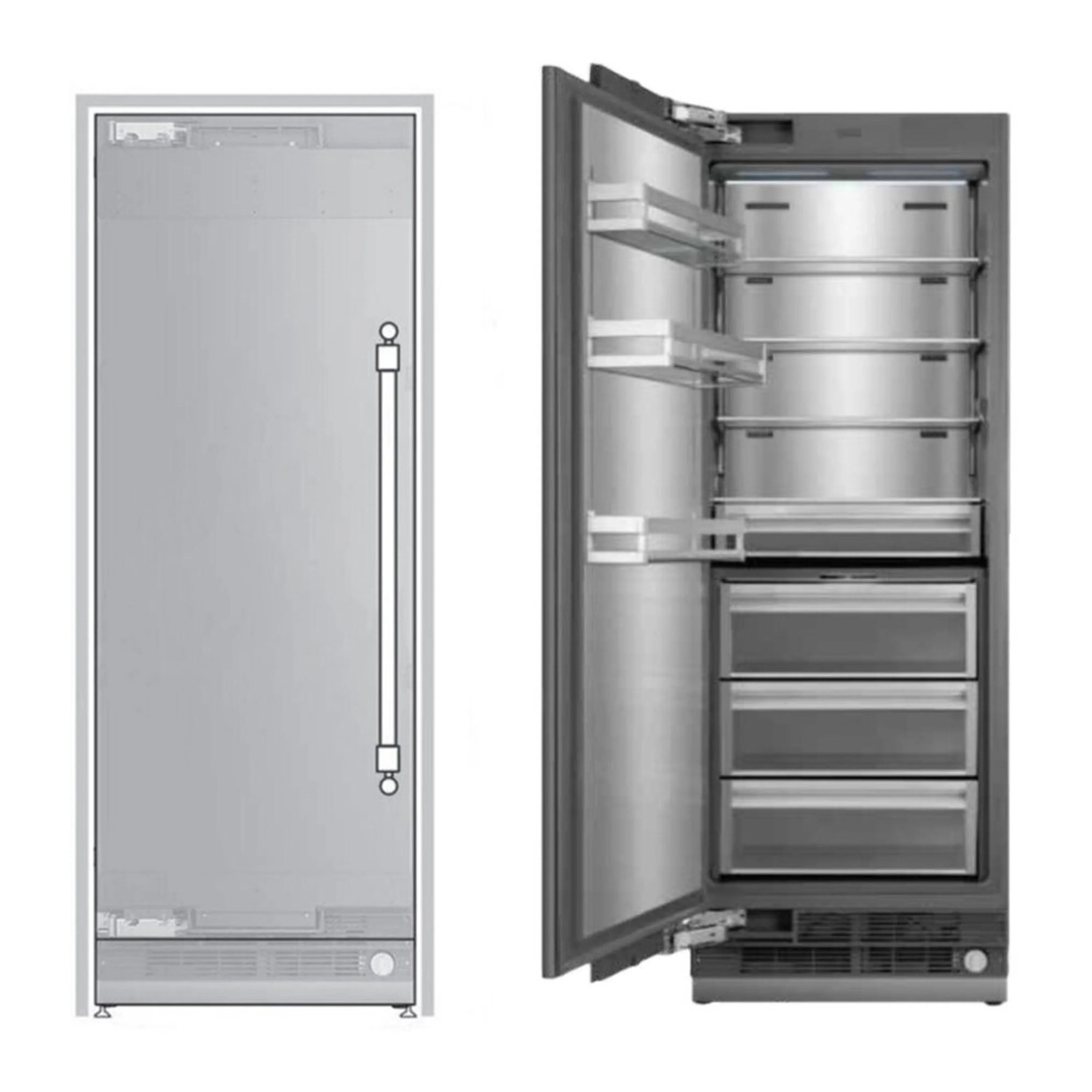 Panel-ready freezer column with closed door and open interior shelves in stainless steel