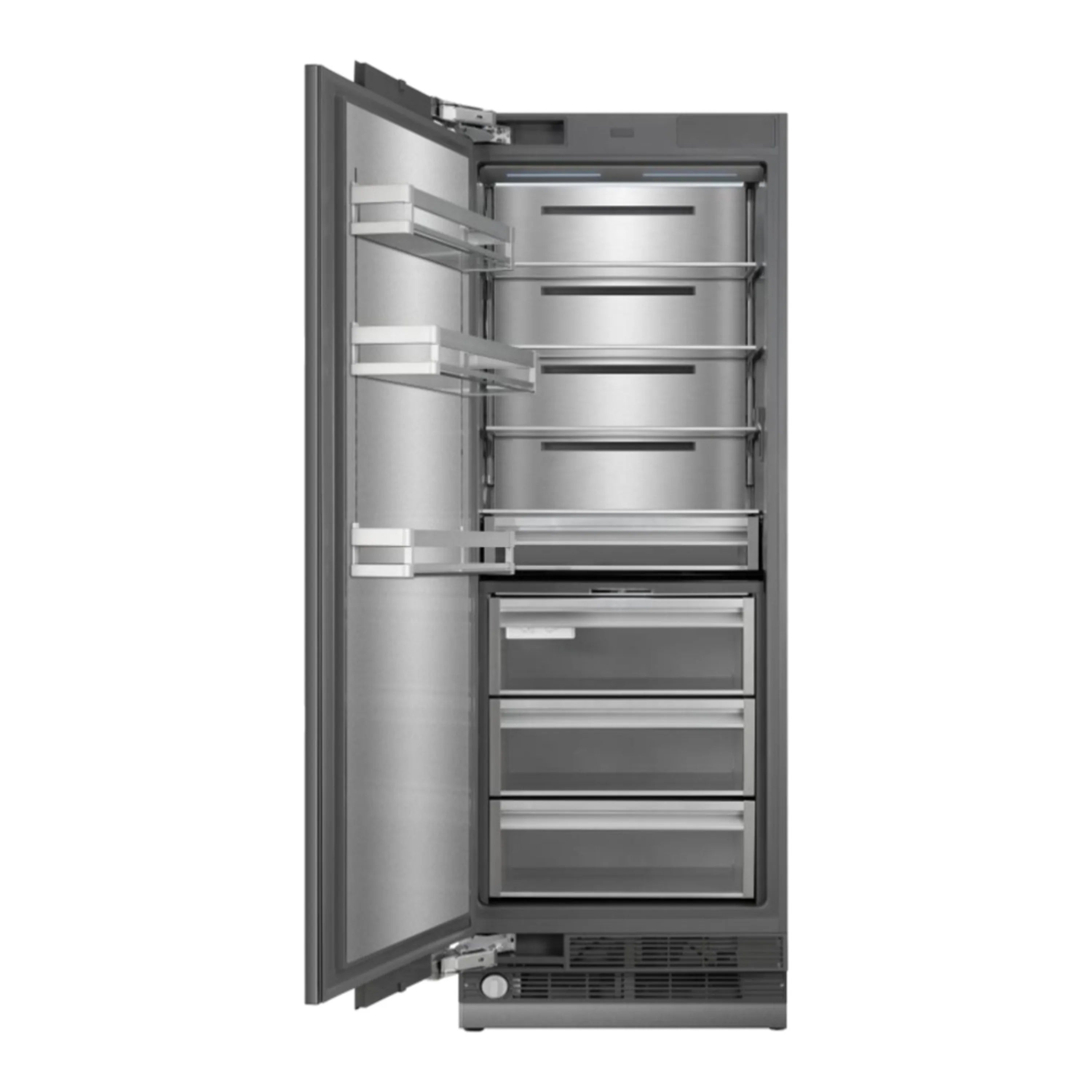 Stainless steel 30-inch freezer column door open with pull-out shelves and bins