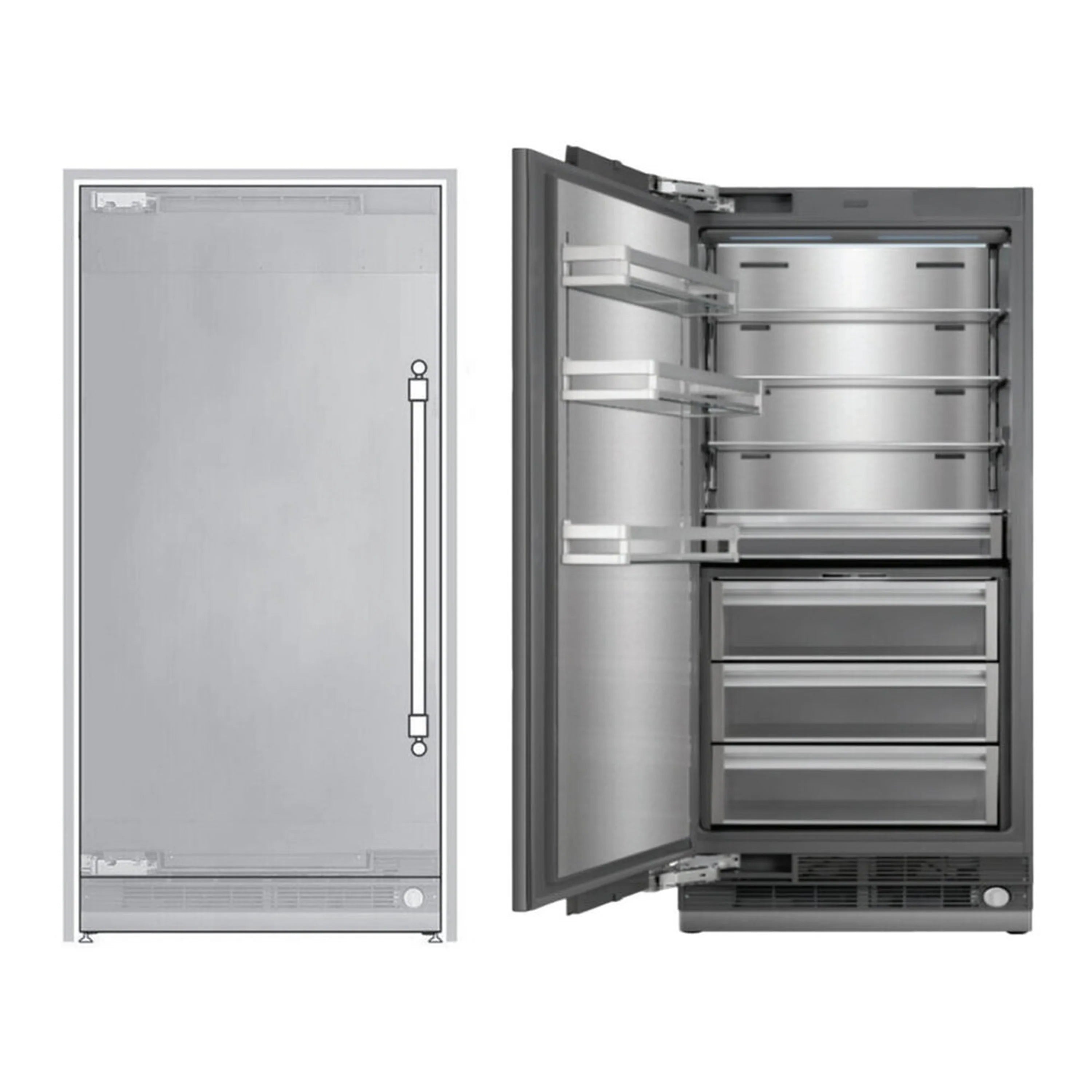 Panel-ready freezer column with stainless door; interior shelves and drawers revealed