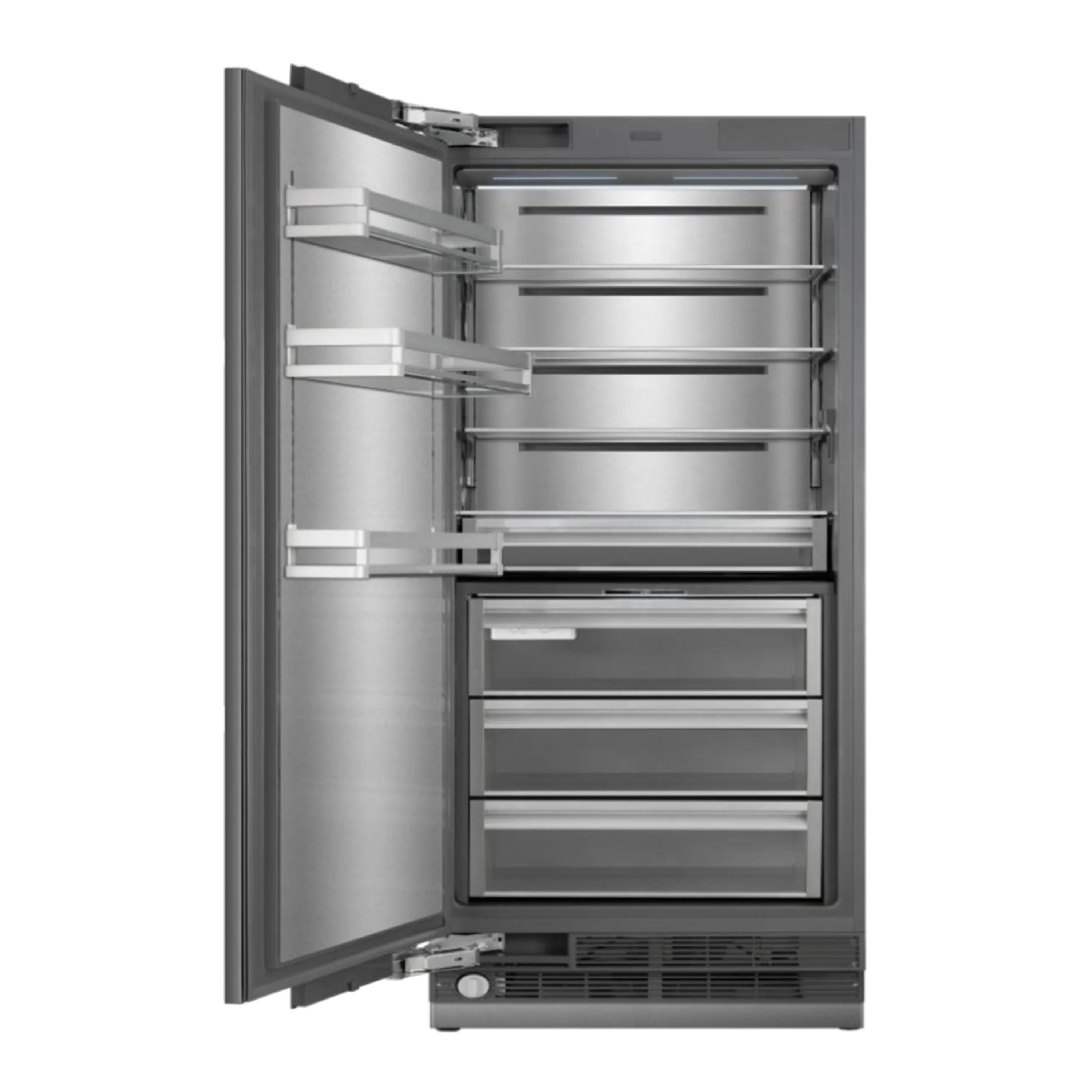 Stainless freezer column door open; adjustable shelves and storage bins