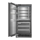 Stainless freezer column door open; adjustable shelves and storage bins