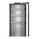 Open stainless freezer column interior with wire shelves and slide-out drawers