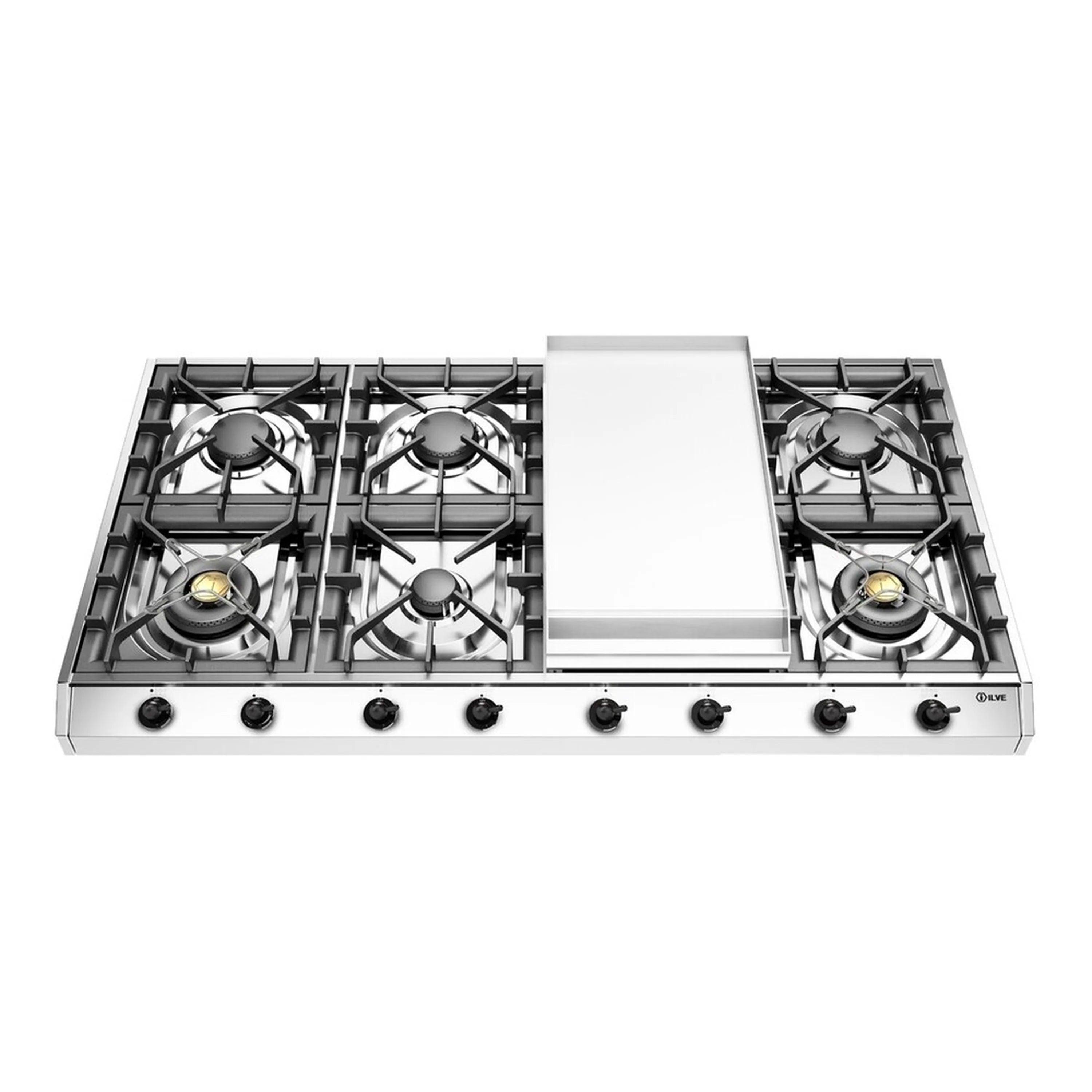 Stainless gas cooktop with center griddle and 8 burners across the surface