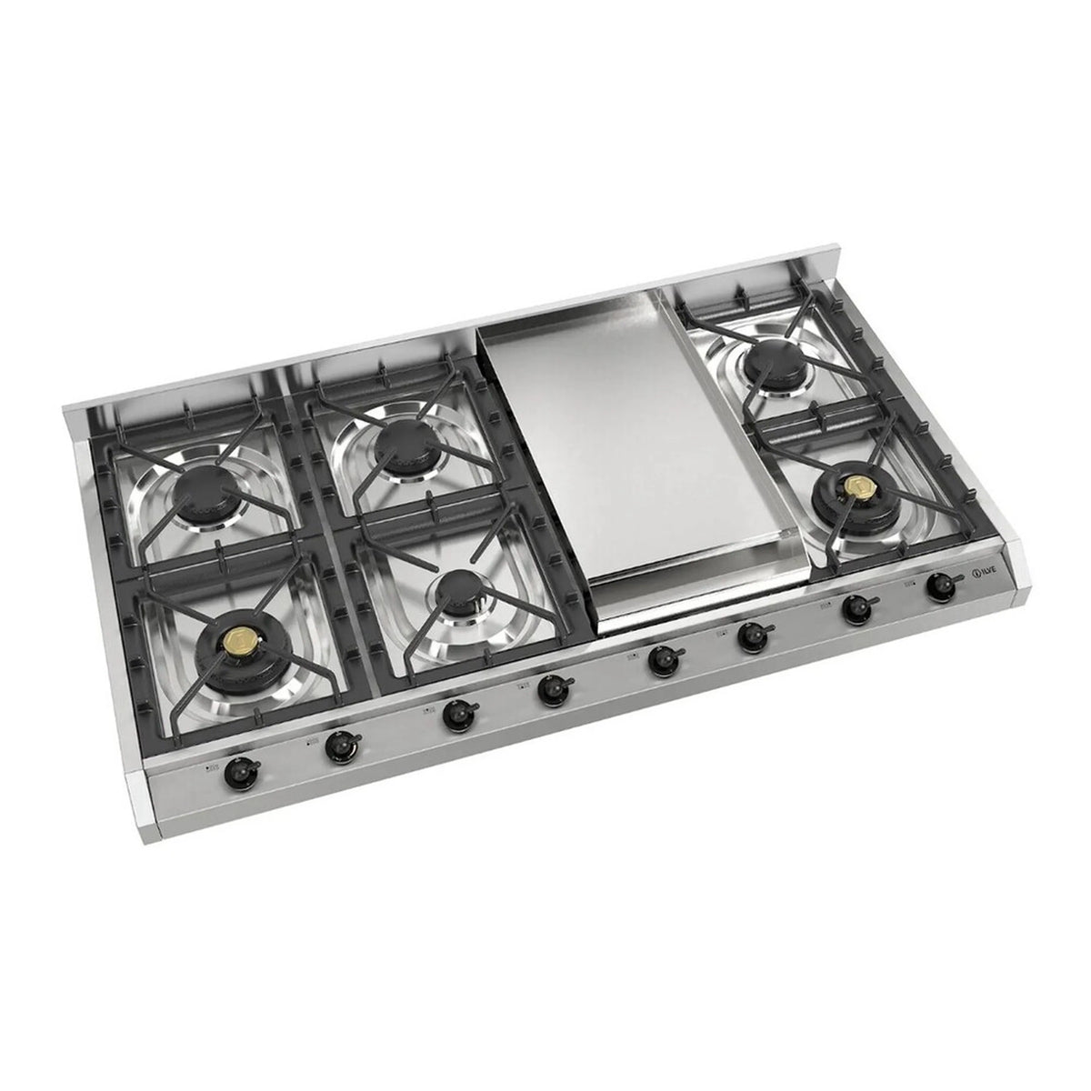 Stainless gas cooktop with four visible burners and side burner grates