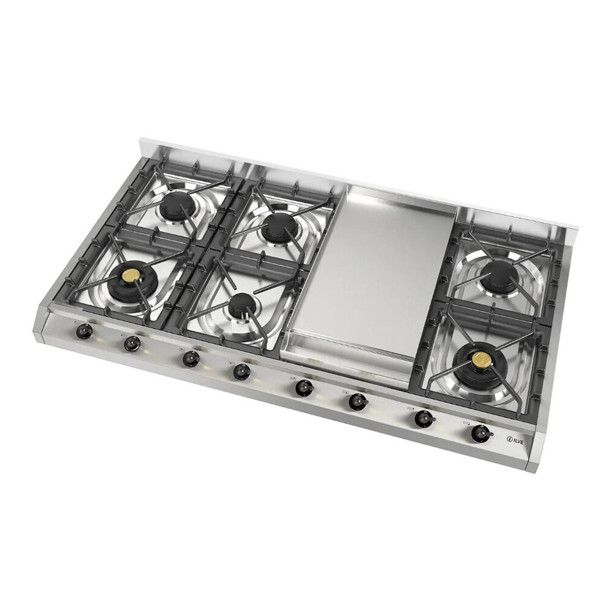 Stainless gas cooktop with central griddle section and four burners on black grates