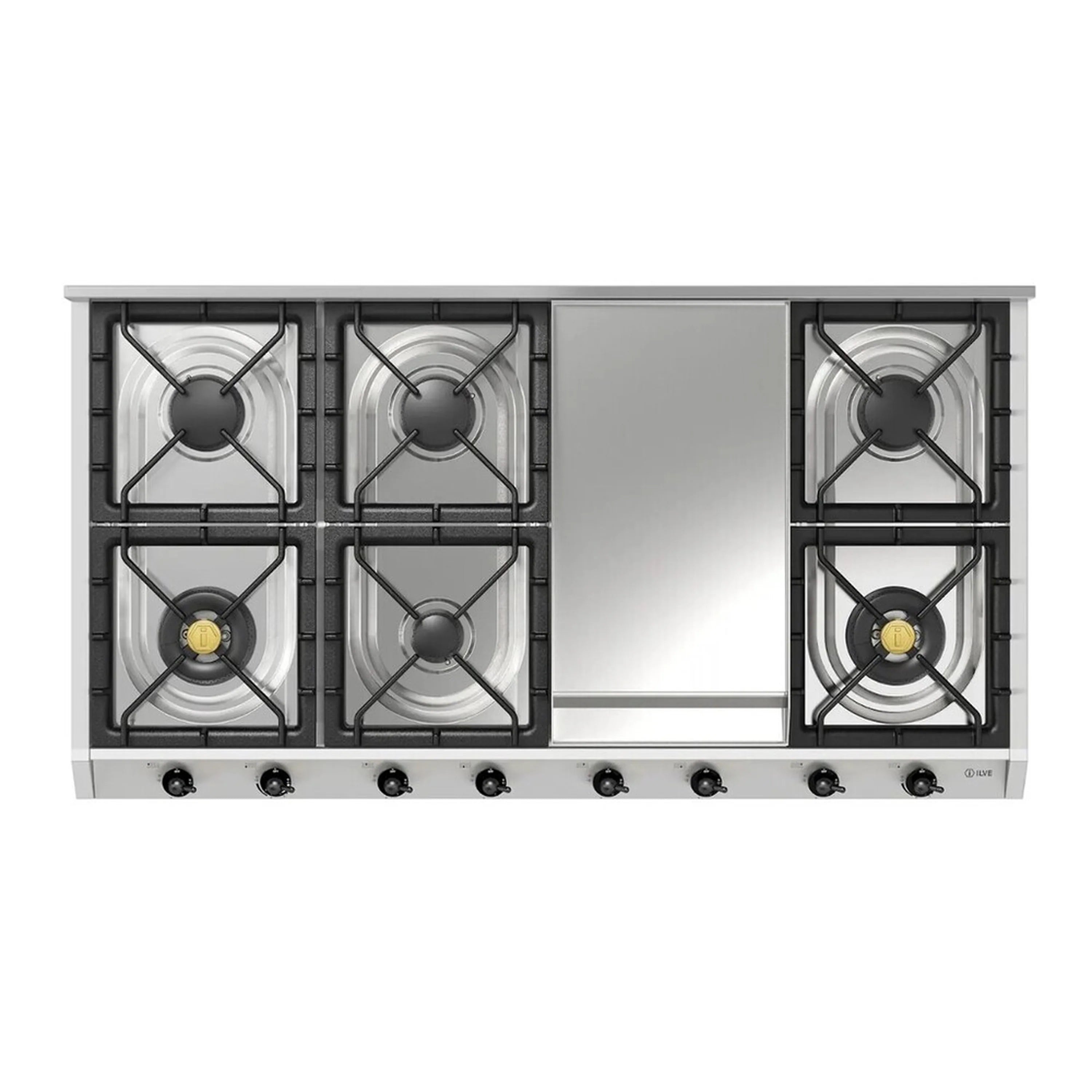 Front view of stainless gas cooktop with four burners, griddle panel, and control knobs
