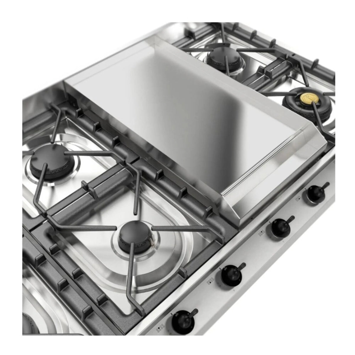 Close-up of stainless griddle surface between cast burner supports