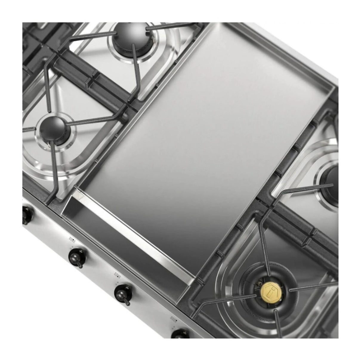 Stainless griddle plate with burner cutouts and cast iron grate supports