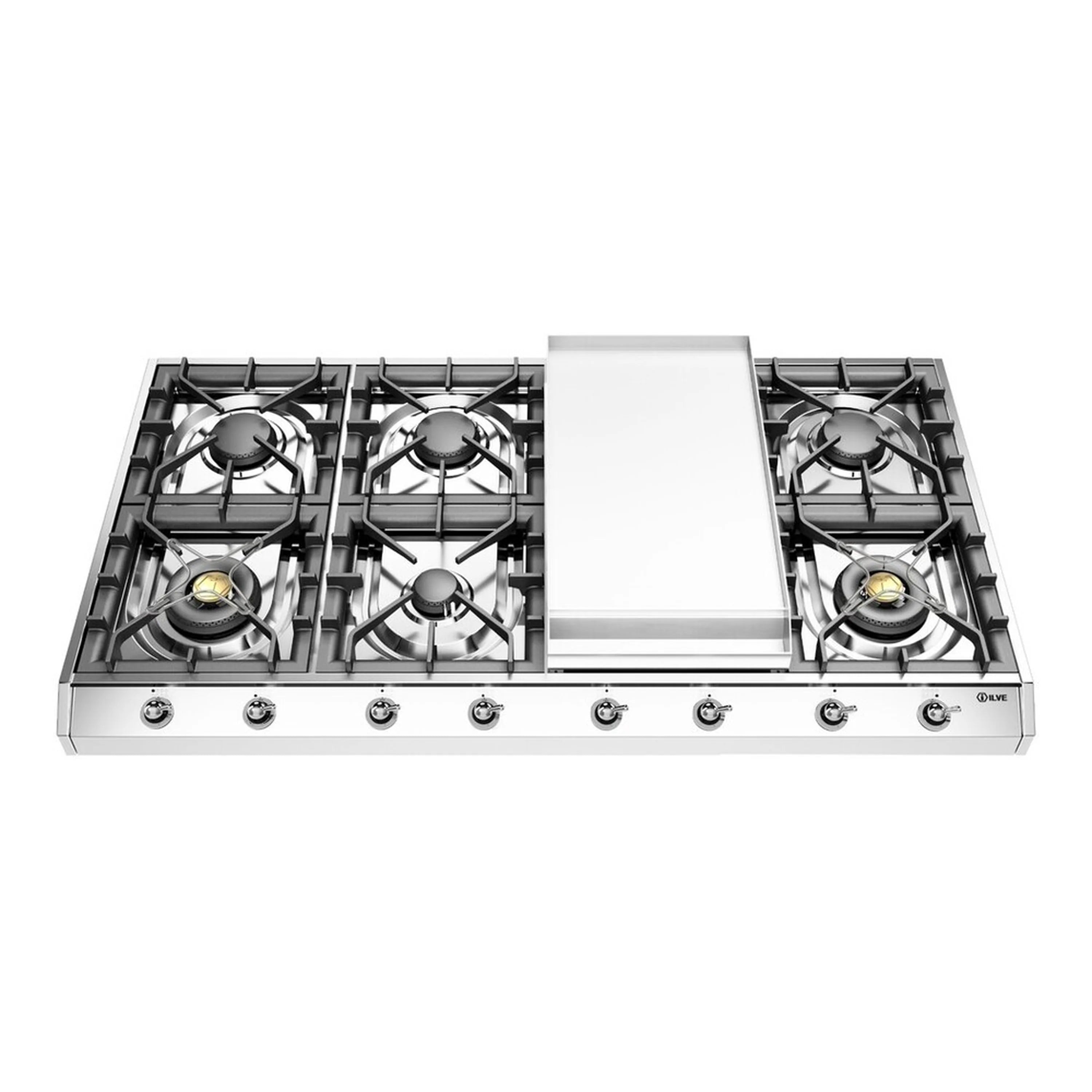 Stainless steel gas cooktop with 8 burners and center griddle, full-width view