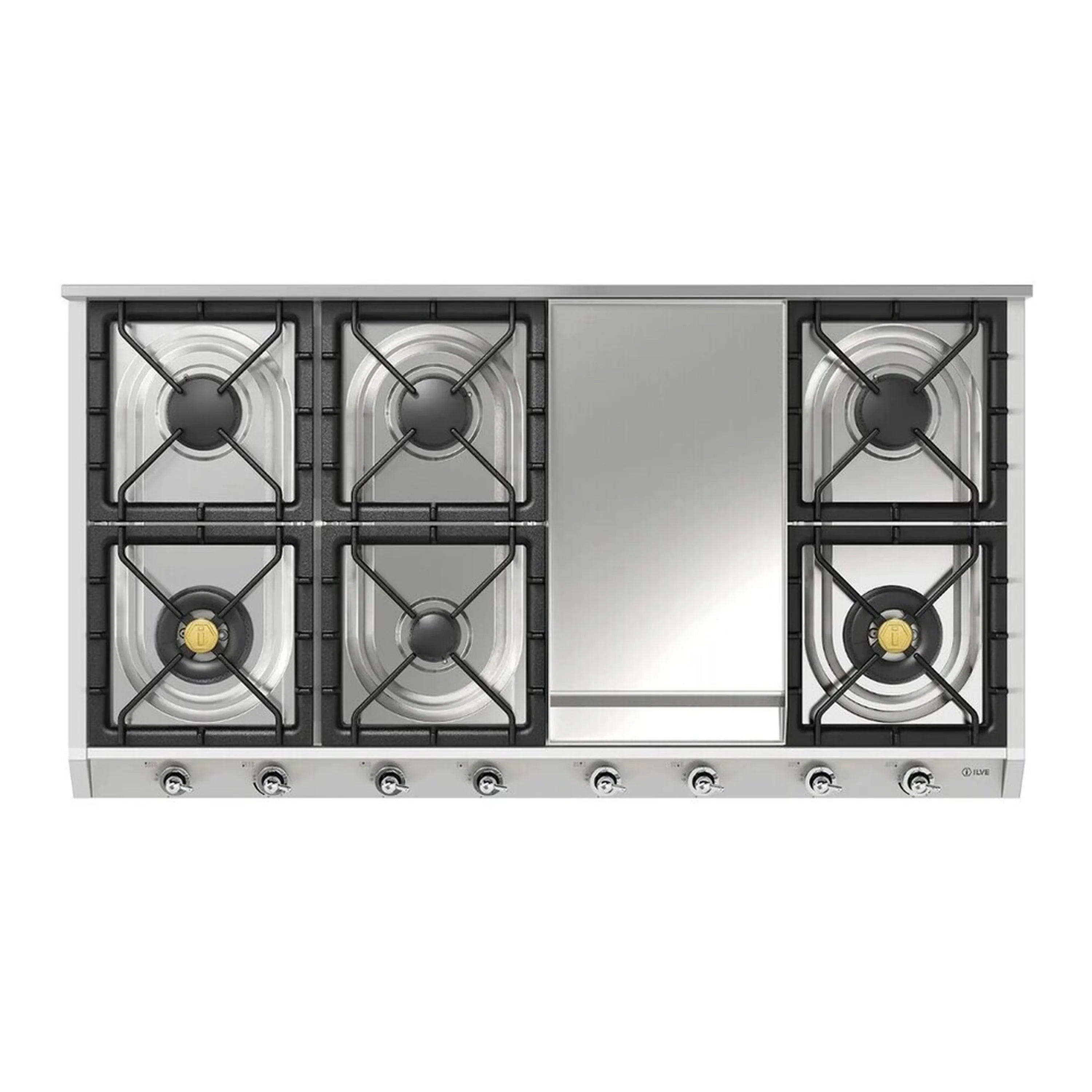 Stainless steel gas cooktop with 8 burners and center griddle, top-down view