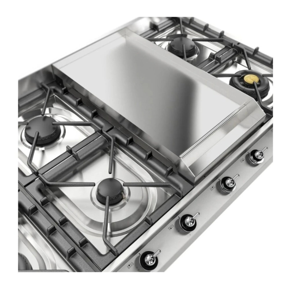 Stainless steel gas cooktop with center griddle and burners, side control knobs