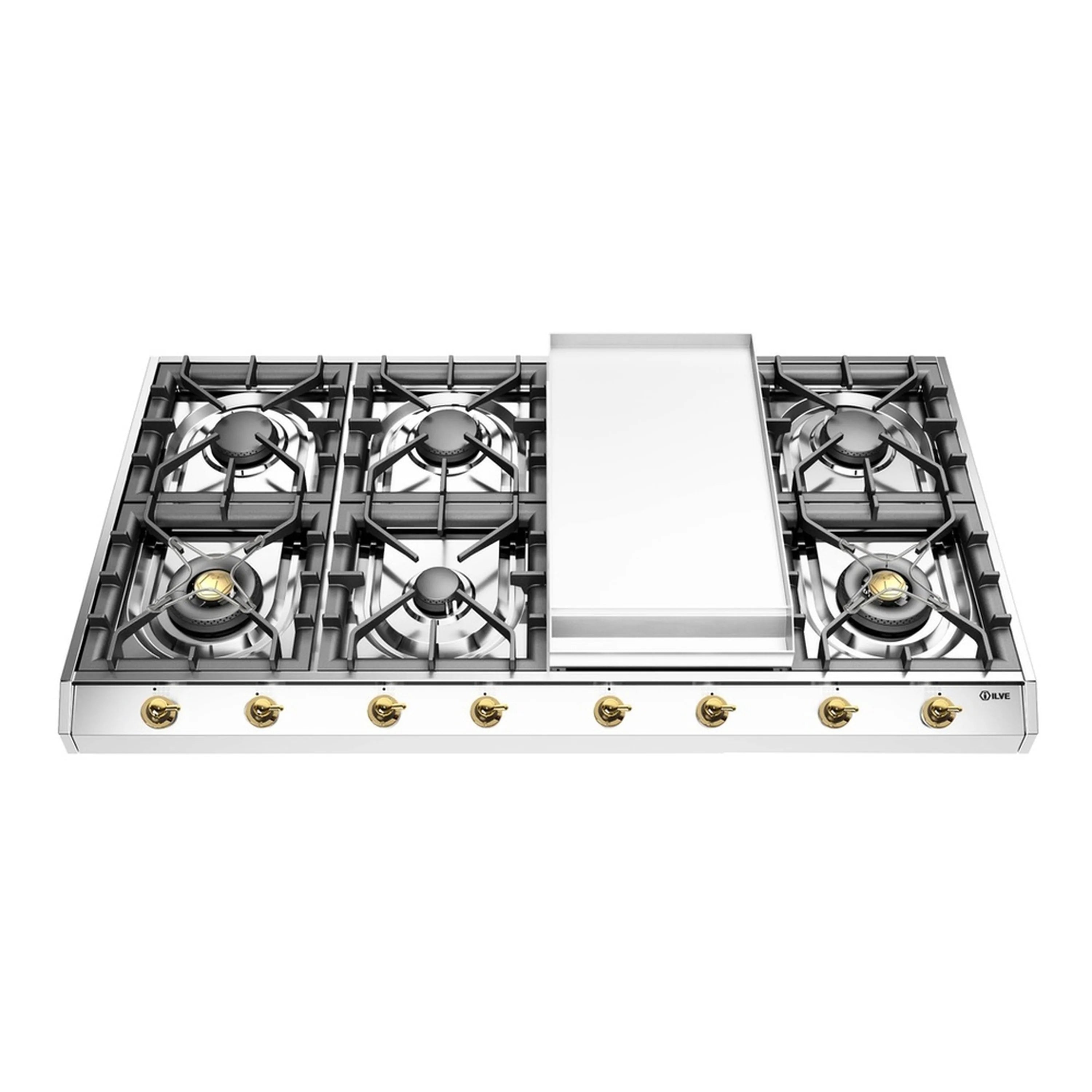 Stainless steel built-in propane gas cooktop with four burners and central griddle