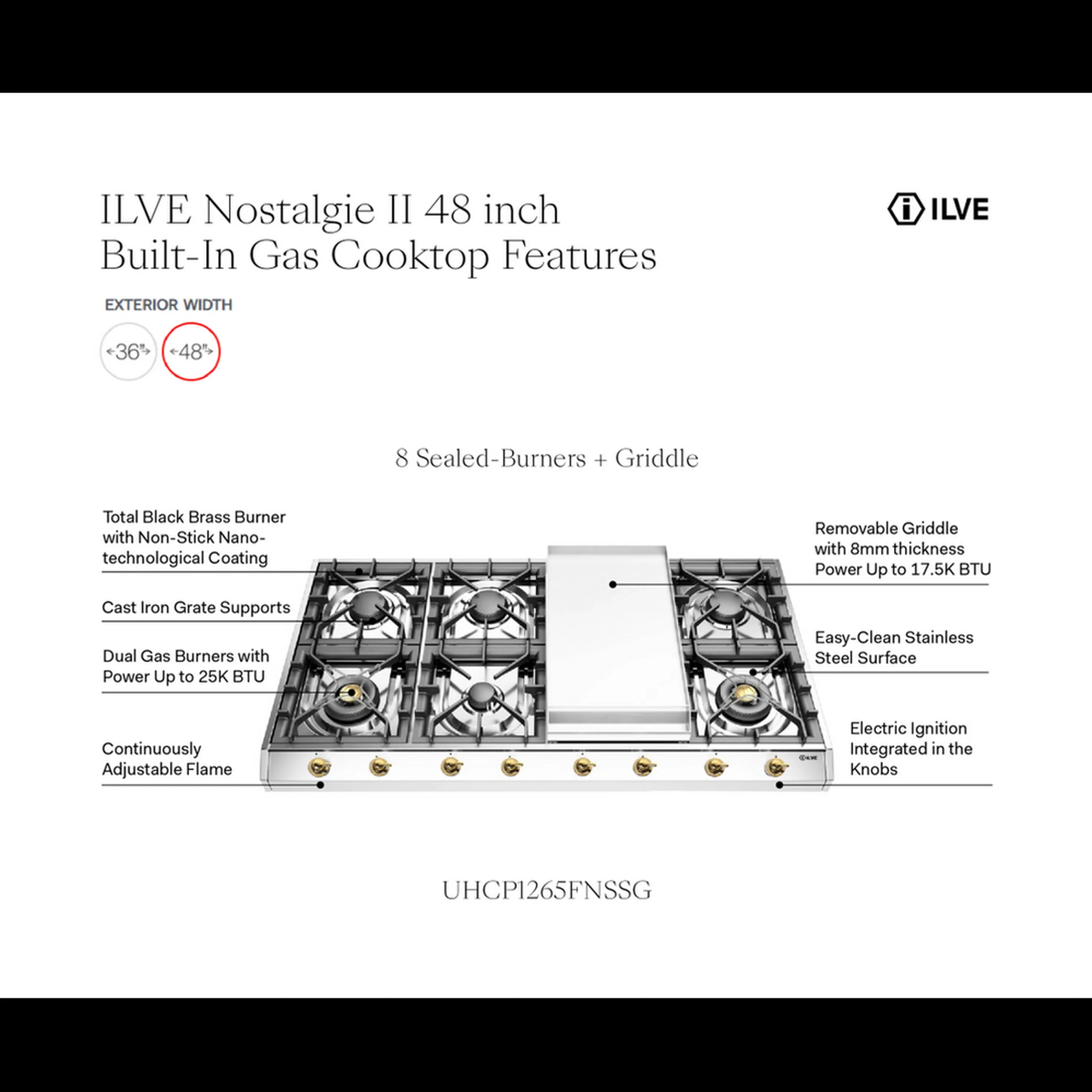 Built-in propane gas cooktop diagram showing eight sealed burners and removable griddle