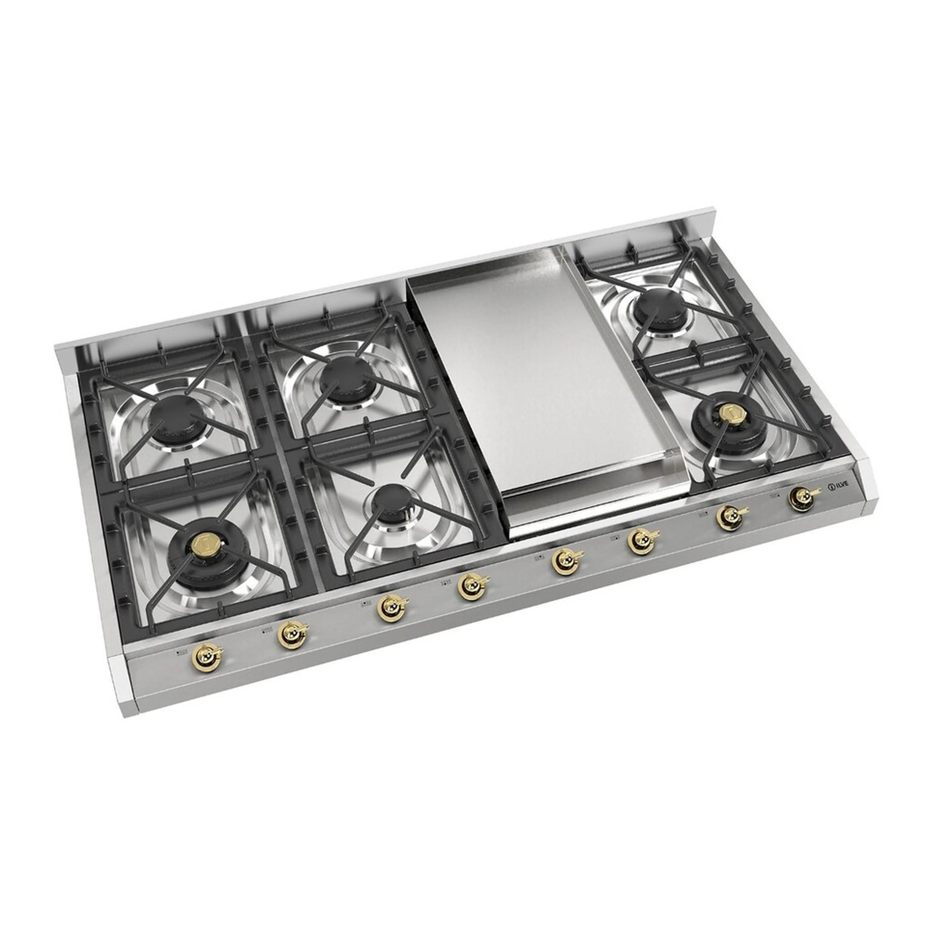 Stainless steel gas cooktop with central griddle and four burners on black grates