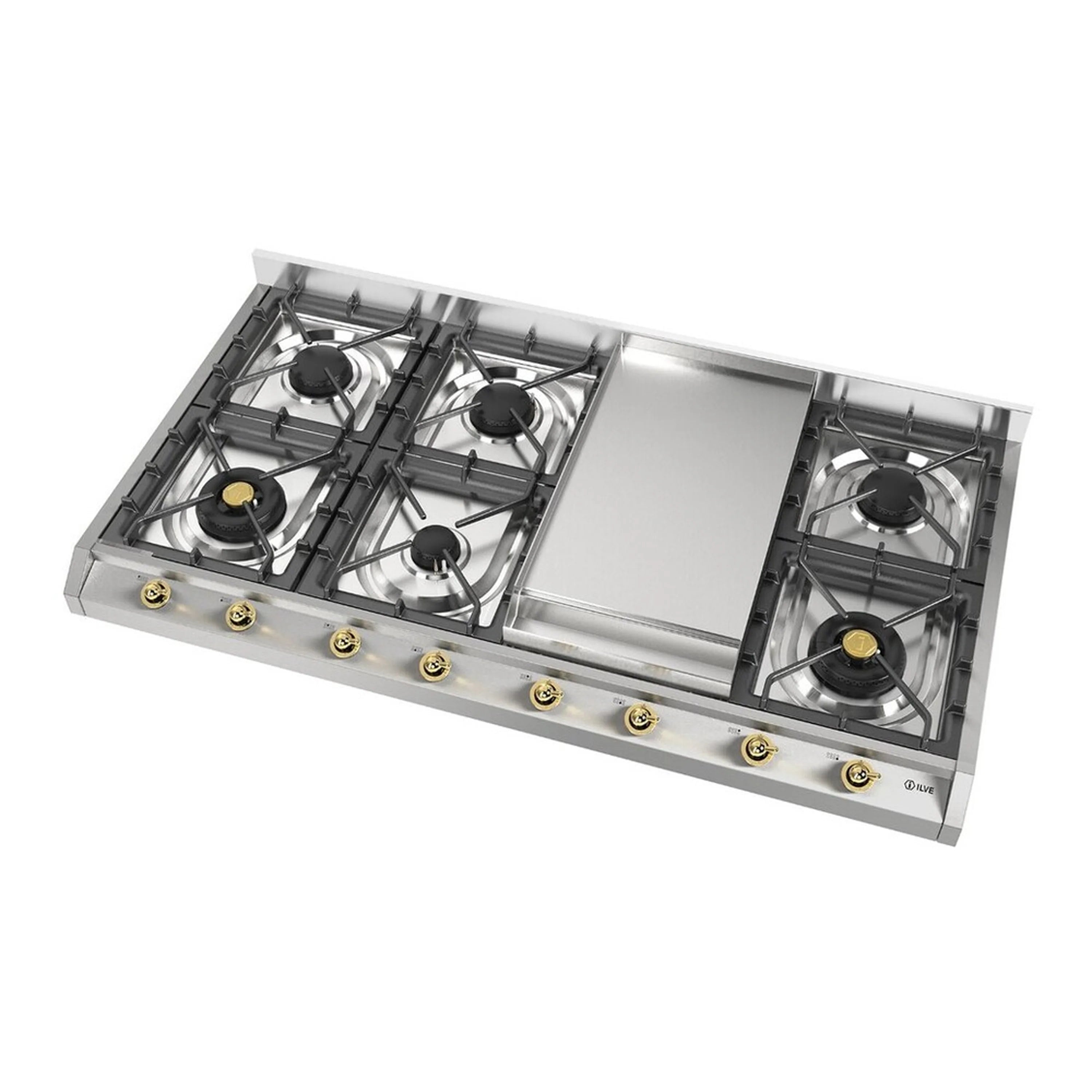 Stainless steel gas cooktop with central griddle, four burners, and front gold knobs
