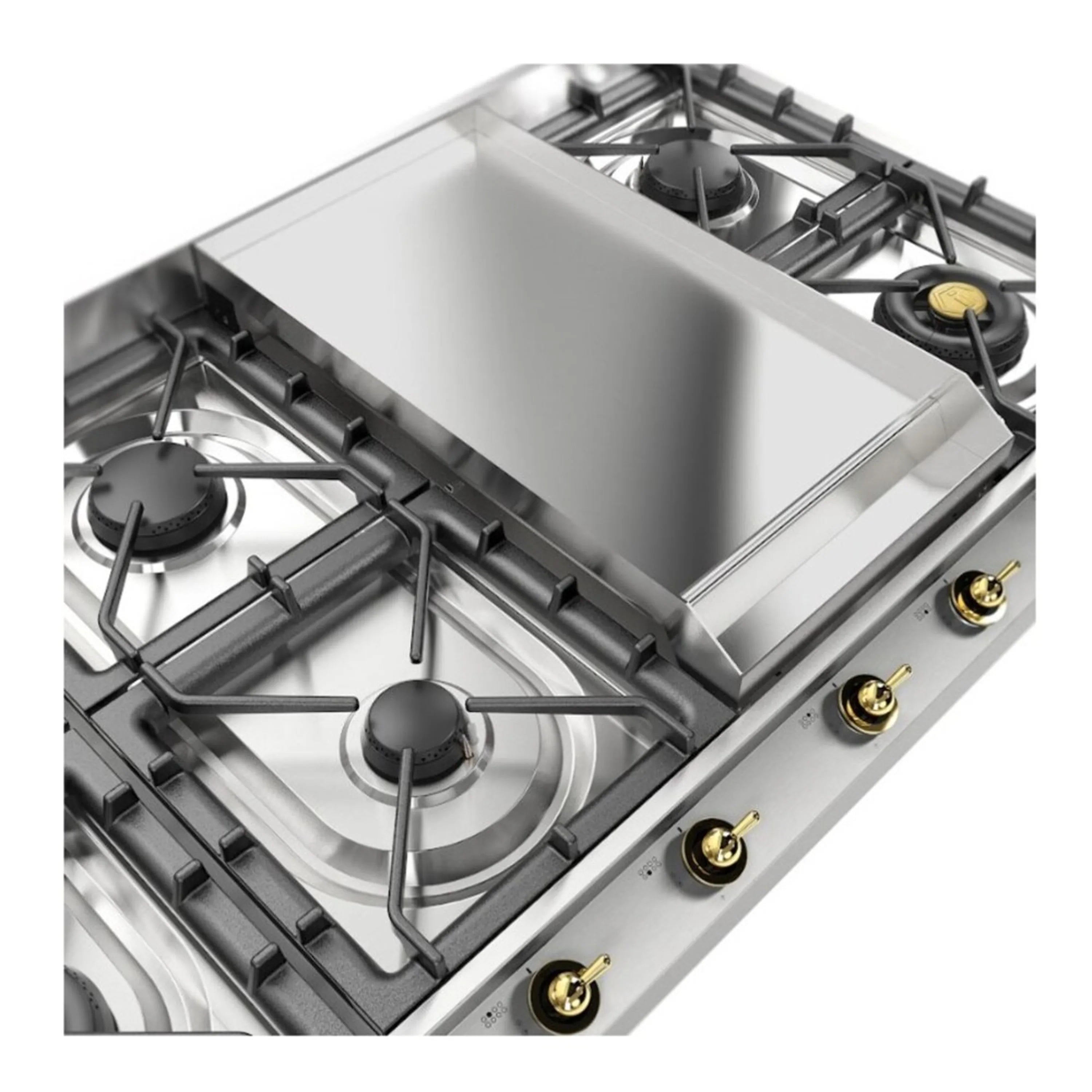 Close-up of stainless steel gas cooktop griddle and burner grates with gold control knobs