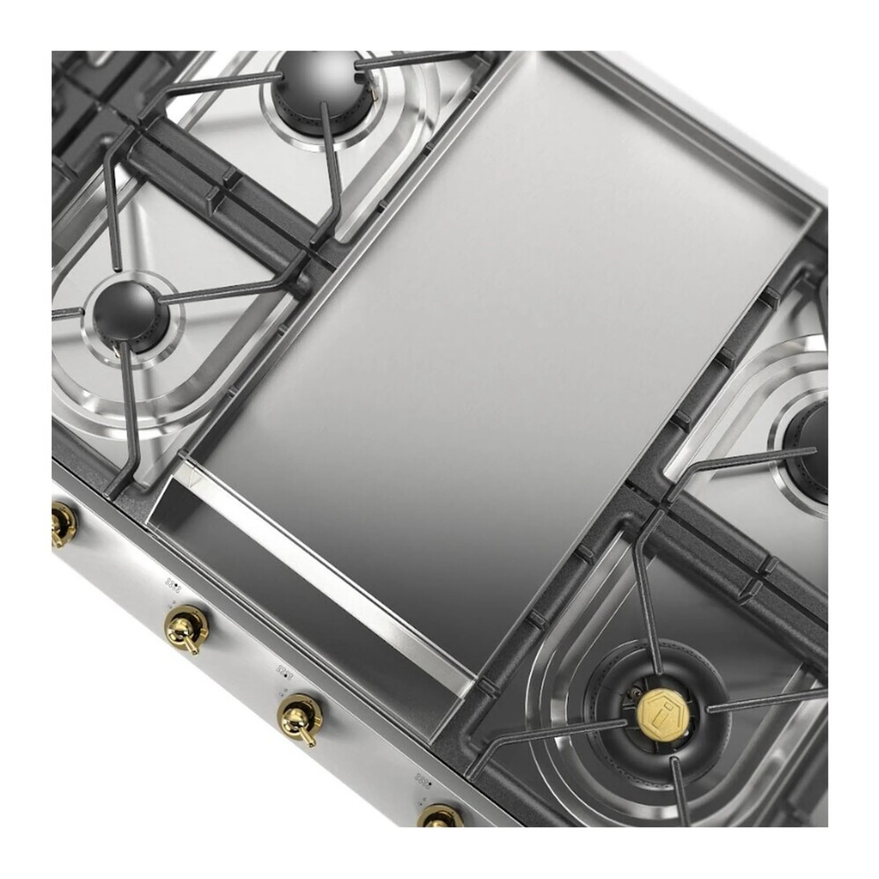 Stainless steel griddle section with surrounding burner grates and gold control knobs