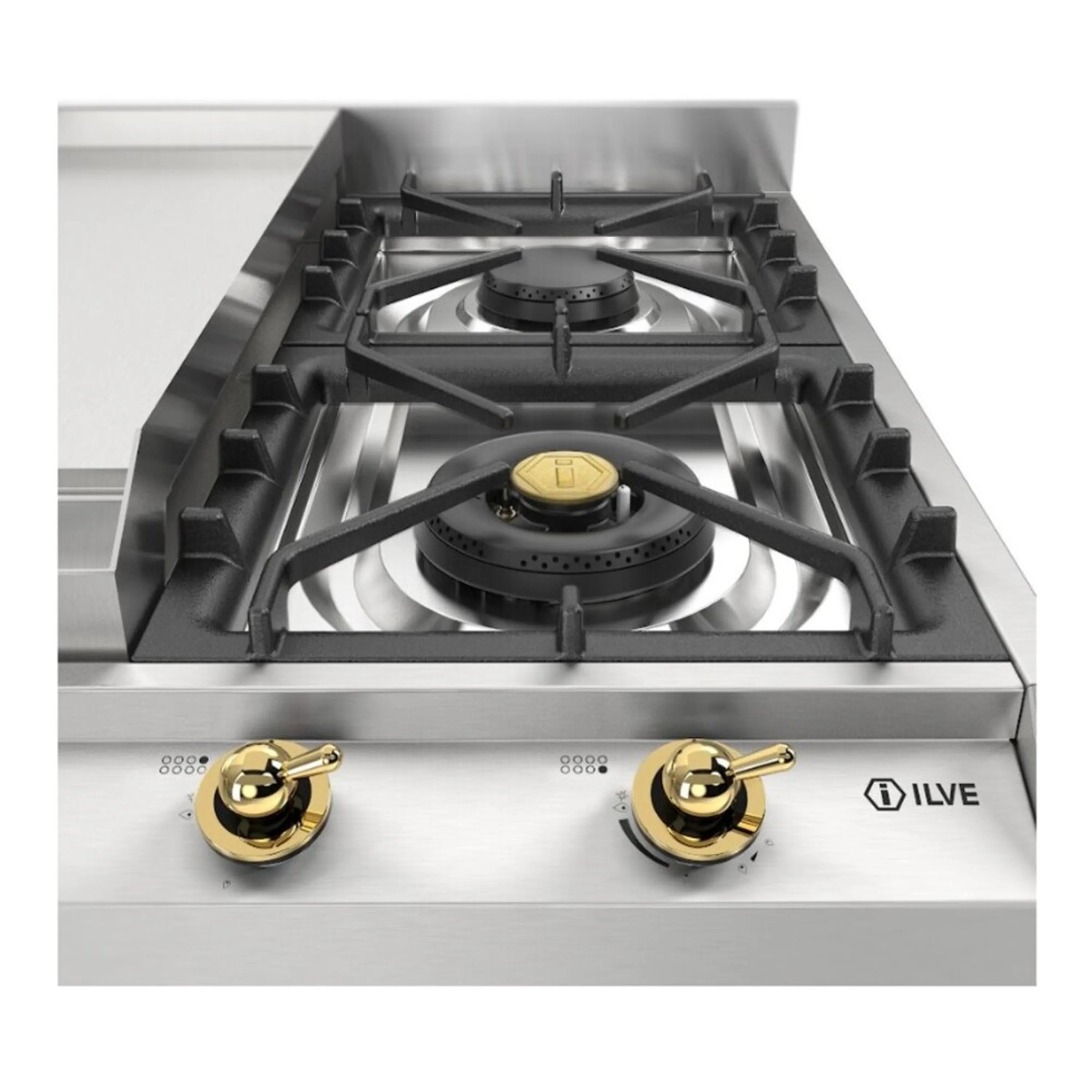 Stainless steel gas cooktop with centered black burner grate and gold control knob