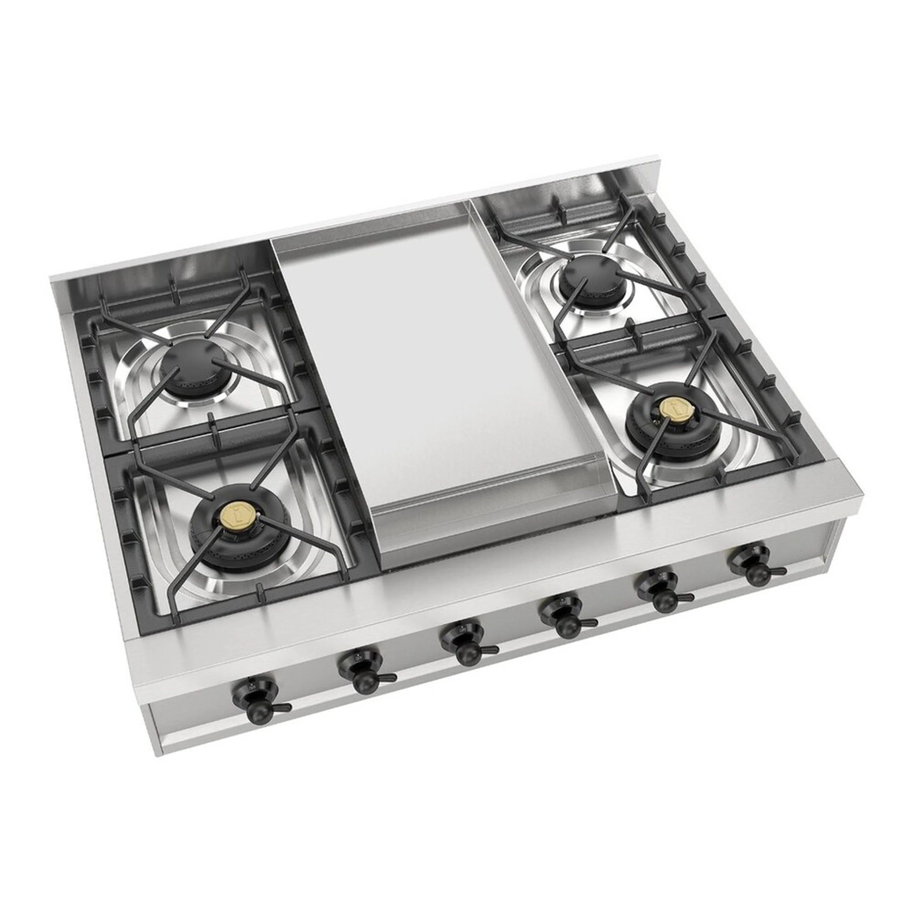 Stainless steel gas rangetop with four burners and removable center griddle