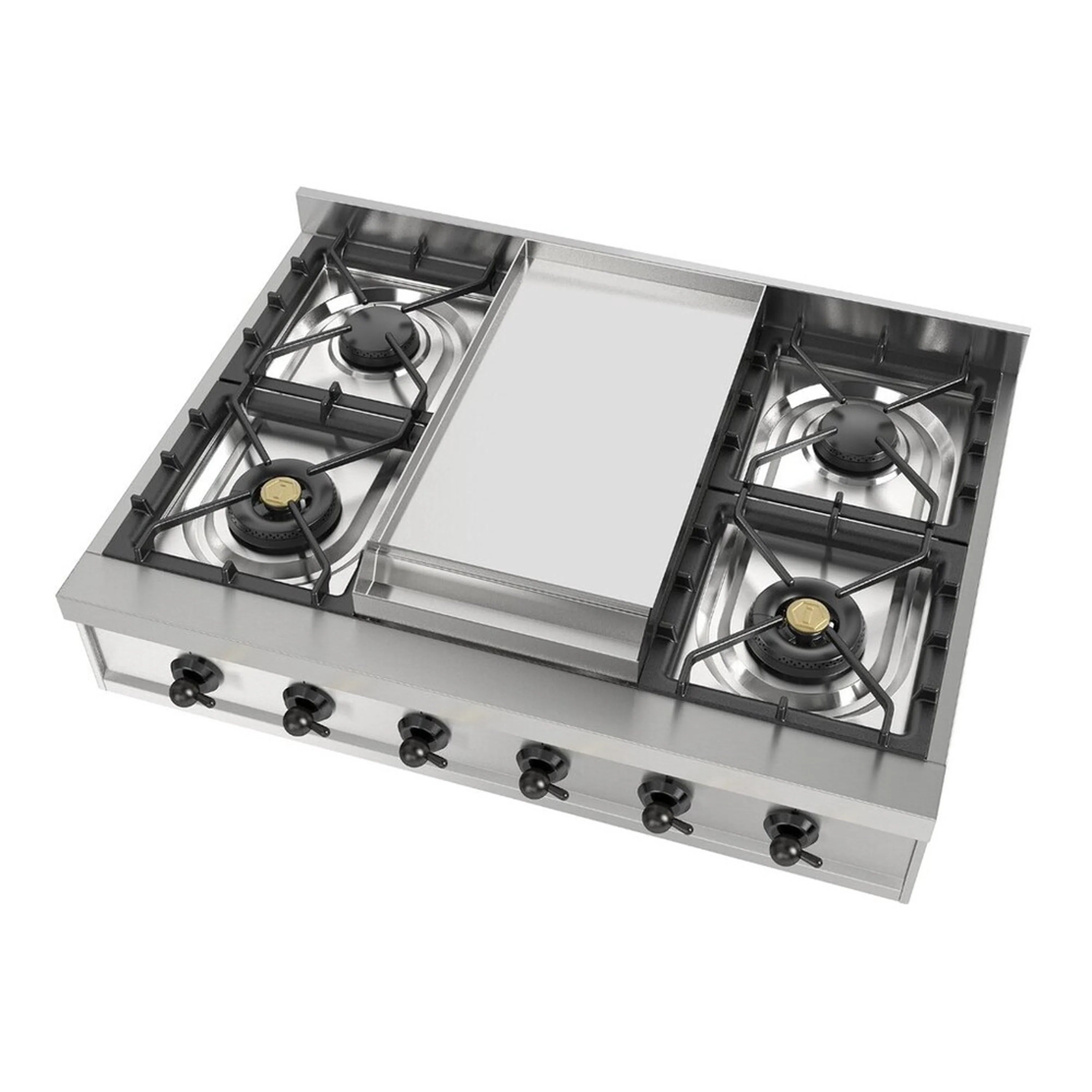 Stainless steel built-in gas rangetop with four burners and center griddle insert