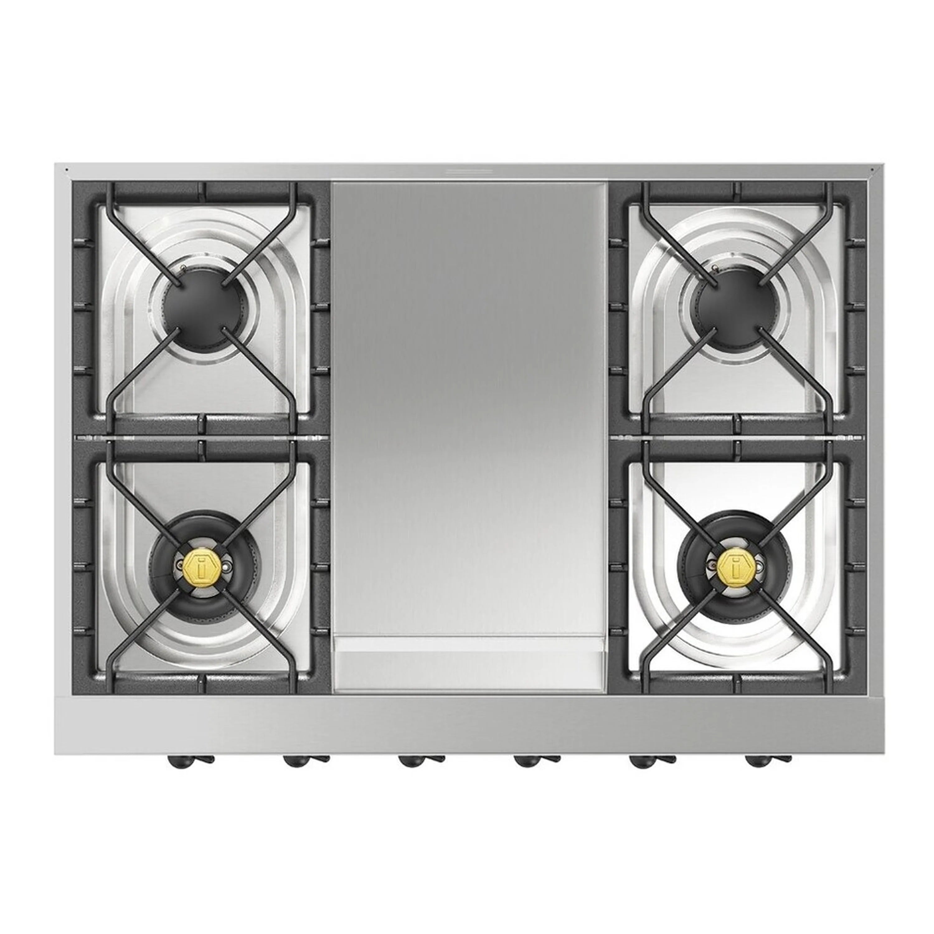 Stainless steel gas rangetop with four burners and two recessed control knobs