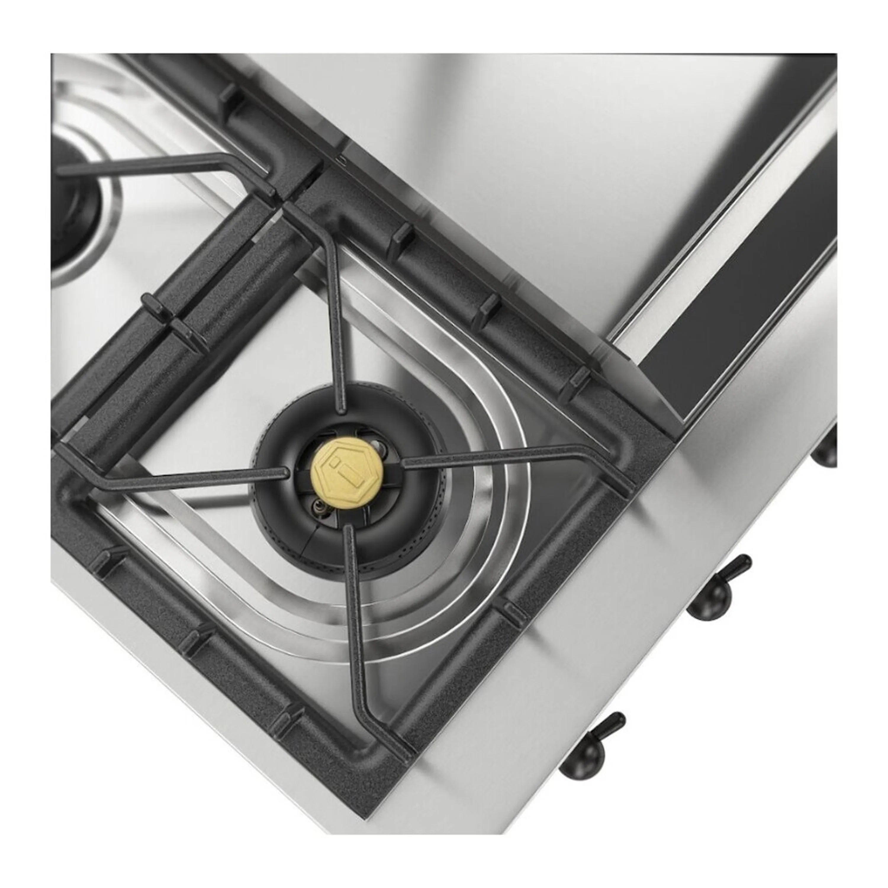 Stainless steel gas burner with black grate and yellow-labeled burner cap