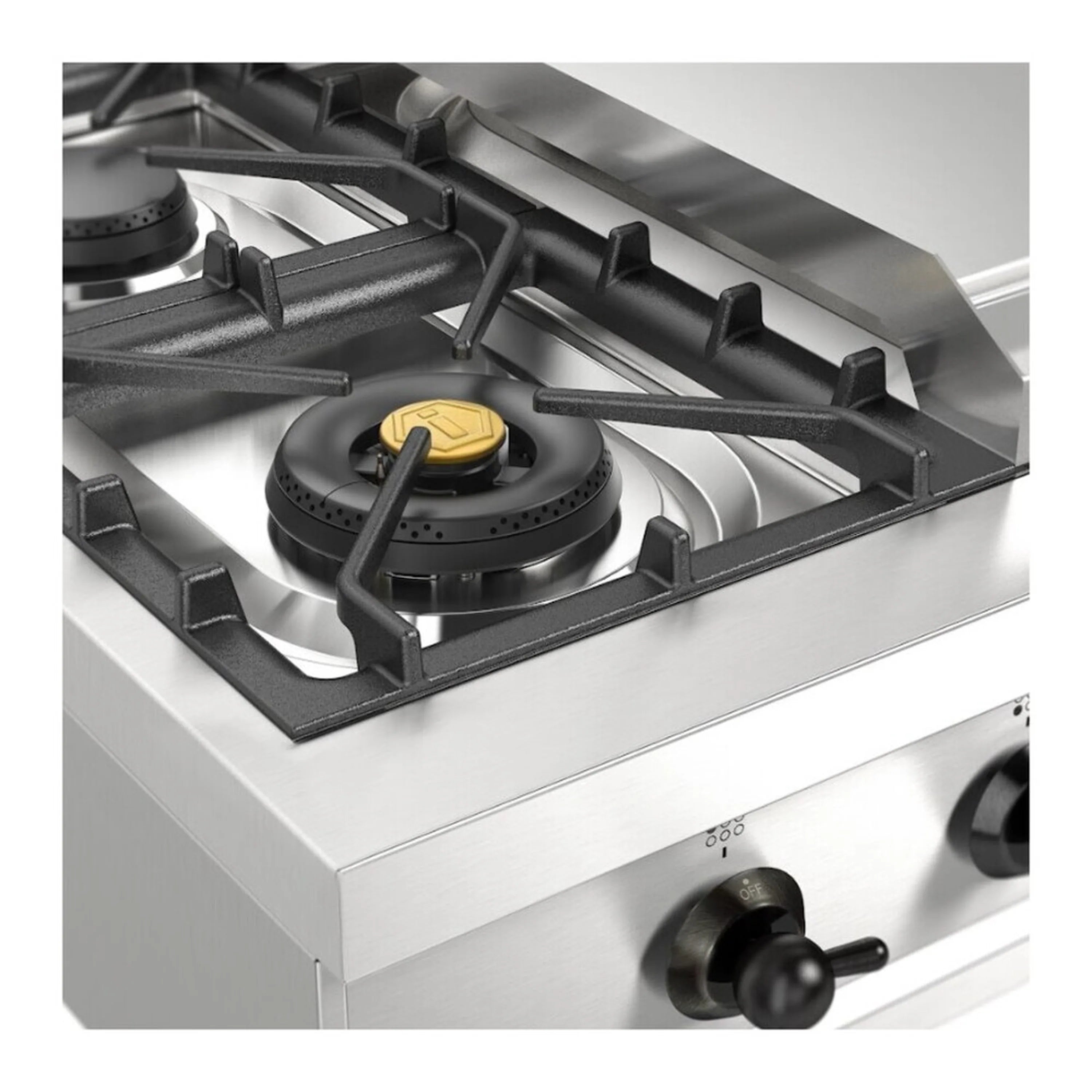 Stainless steel burner close-up with black grate and front control knob