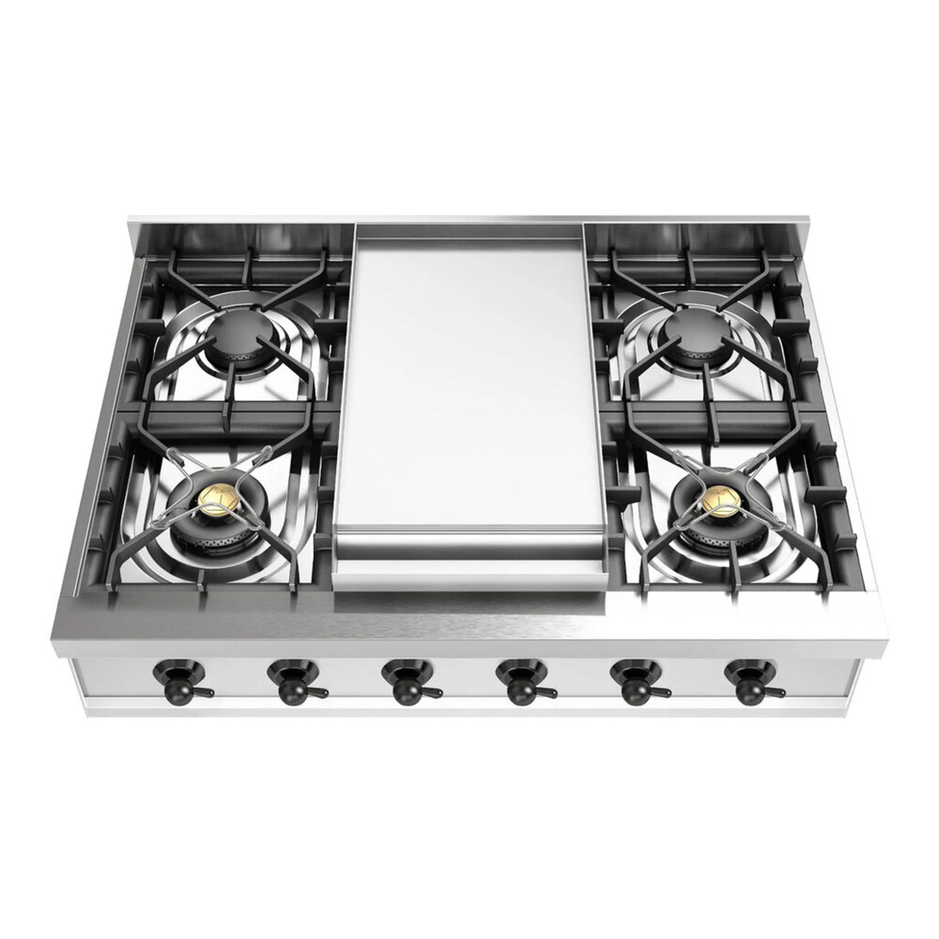 Stainless steel built-in gas rangetop with central griddle and six burners in black grates