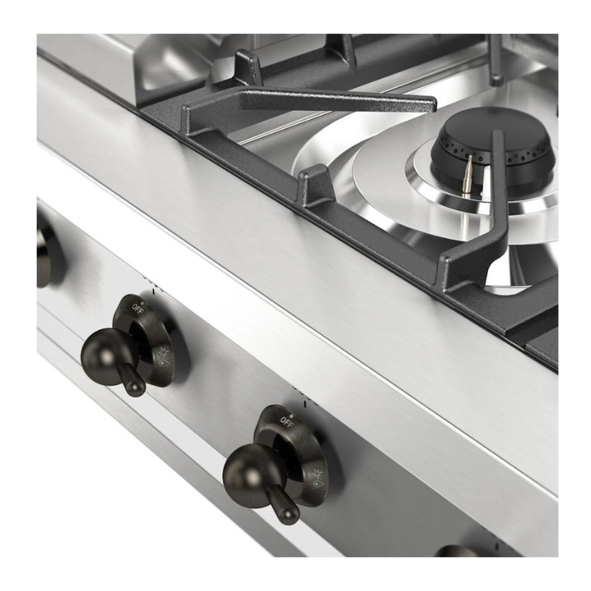 Stainless steel gas rangetop control knobs and black burner grates along the front panel