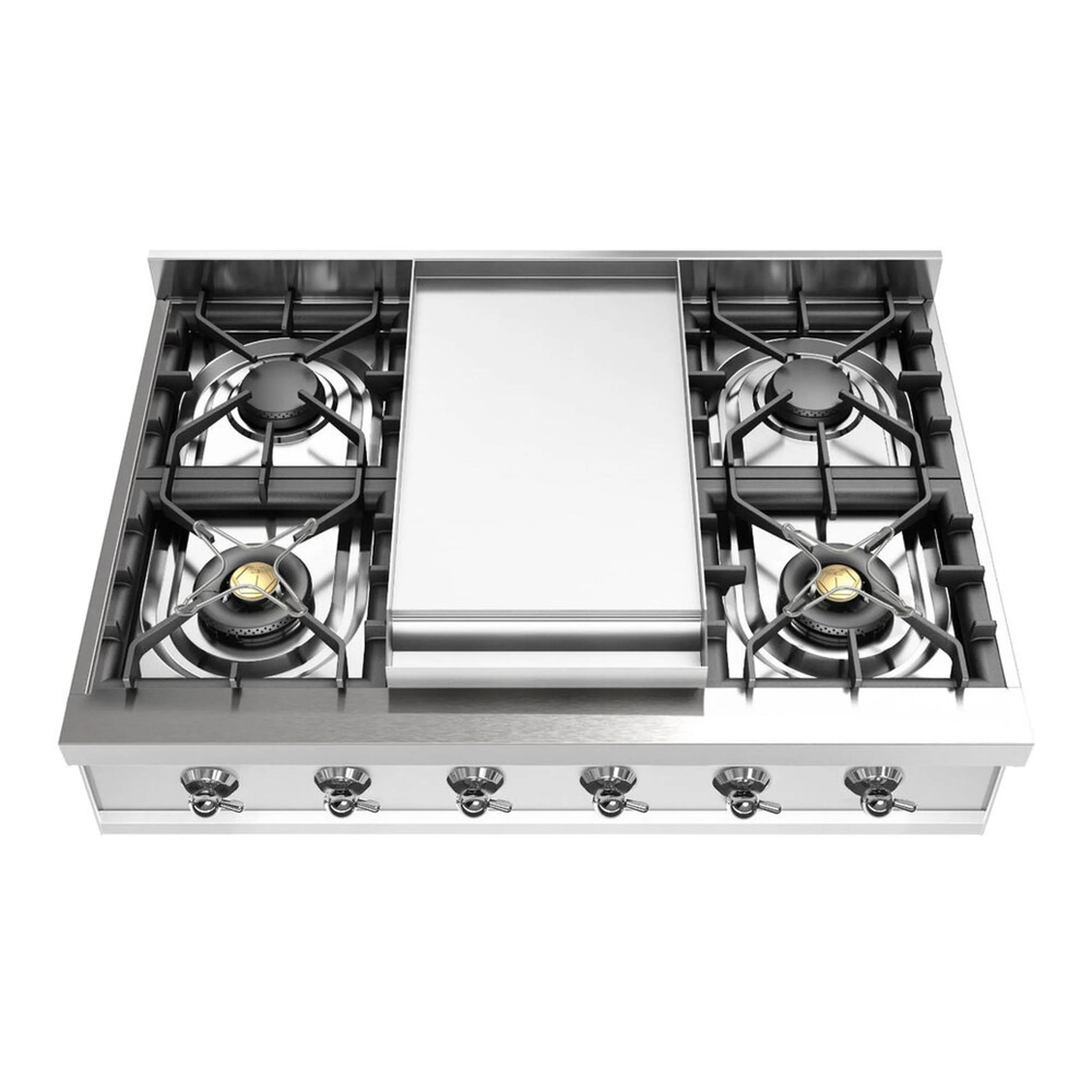 Stainless steel built-in gas rangetop with 4 burners and center griddle, top-down view