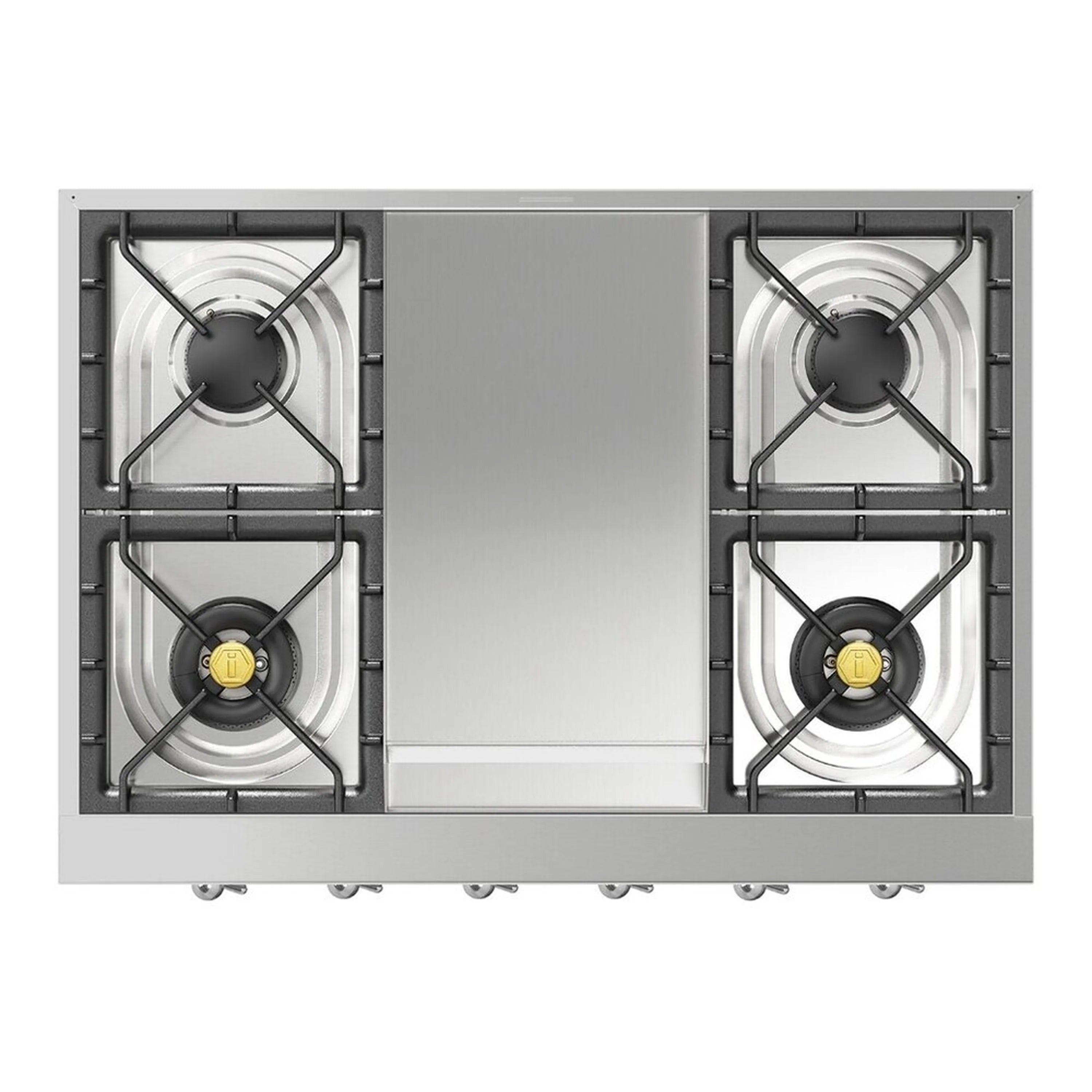 Stainless steel gas rangetop top view with central griddle and four burners