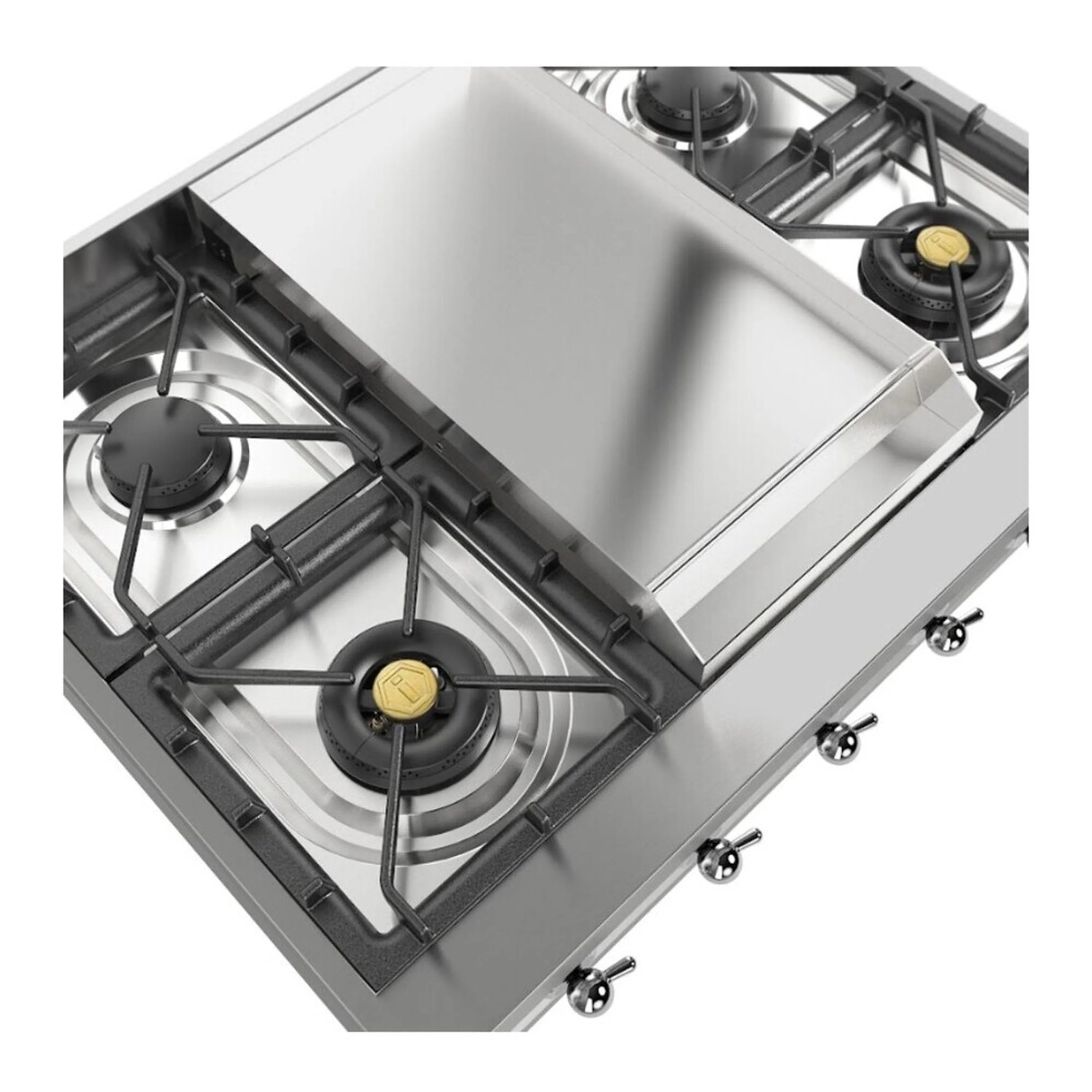 Stainless steel built-in gas rangetop with center griddle and gas burners, close angle