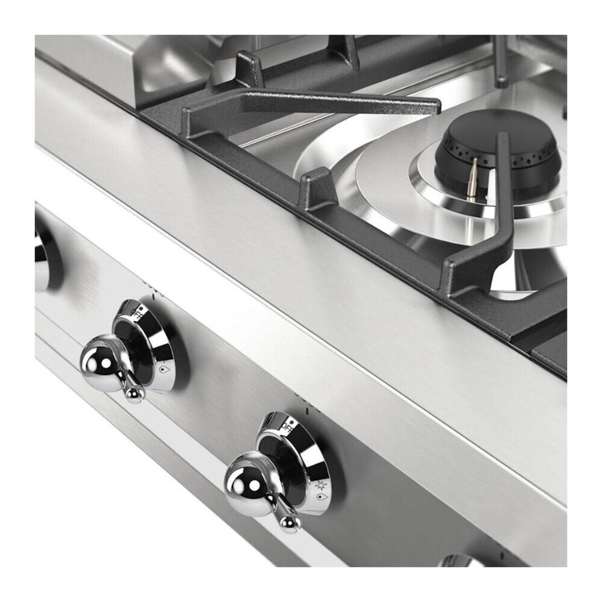Stainless steel front panel with burner grates and control knobs for built-in gas rangetop
