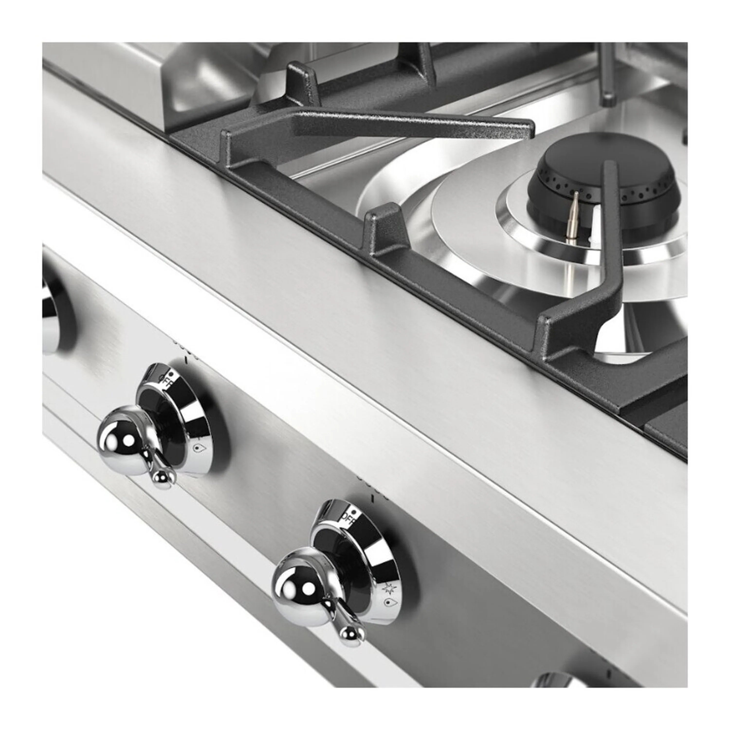 Stainless steel built-in gas rangetop control knobs and burner grate, front corner detail