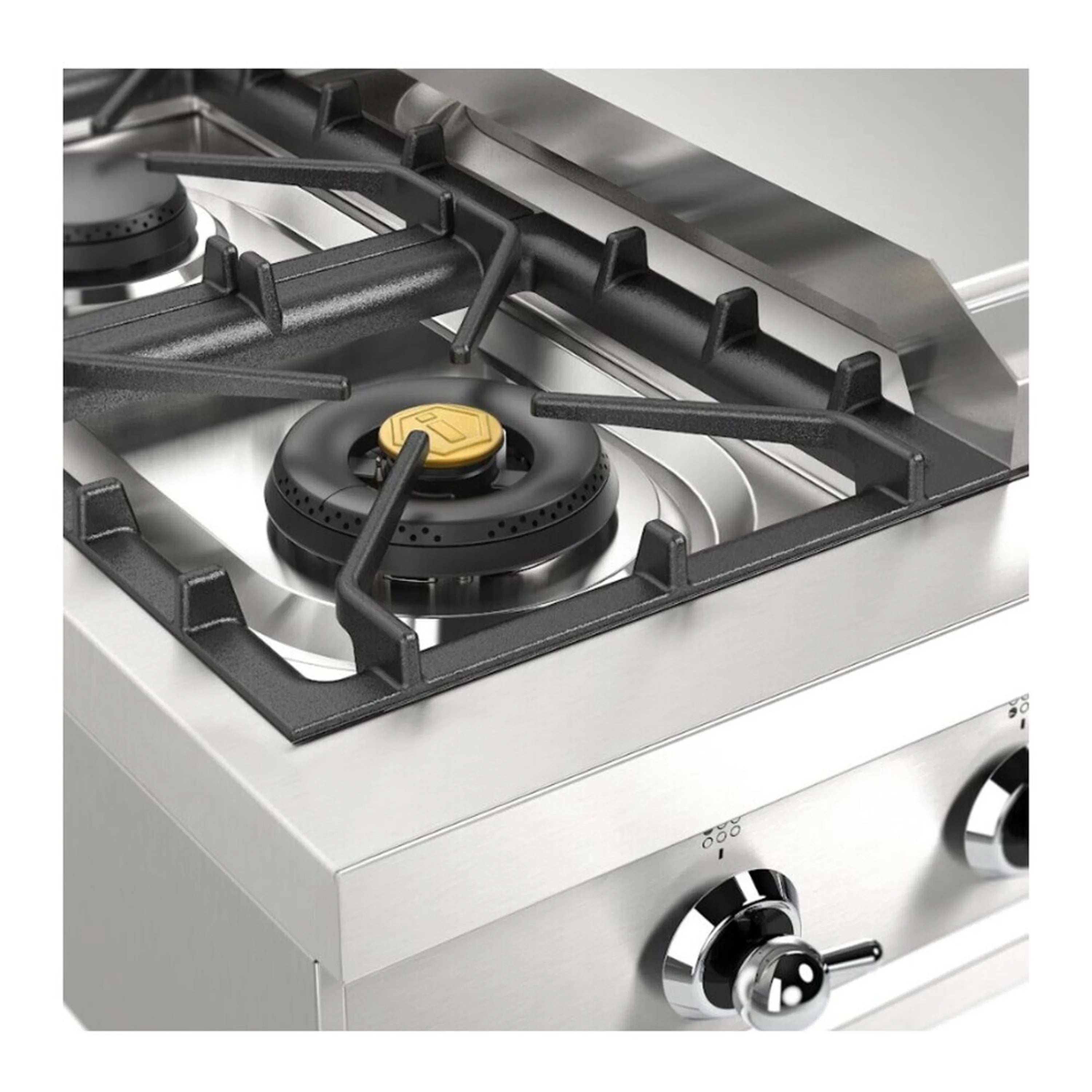 Stainless steel built-in gas rangetop burner with griddle, close-up of one section